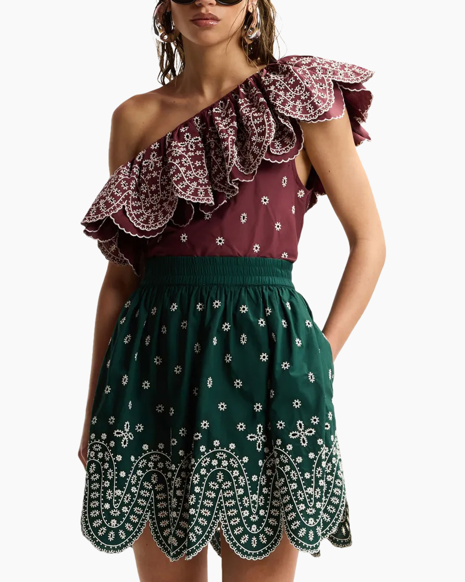 een-schouder, gerimpelde ruffle, paisley, versierd, tweedelig/bi-kleur