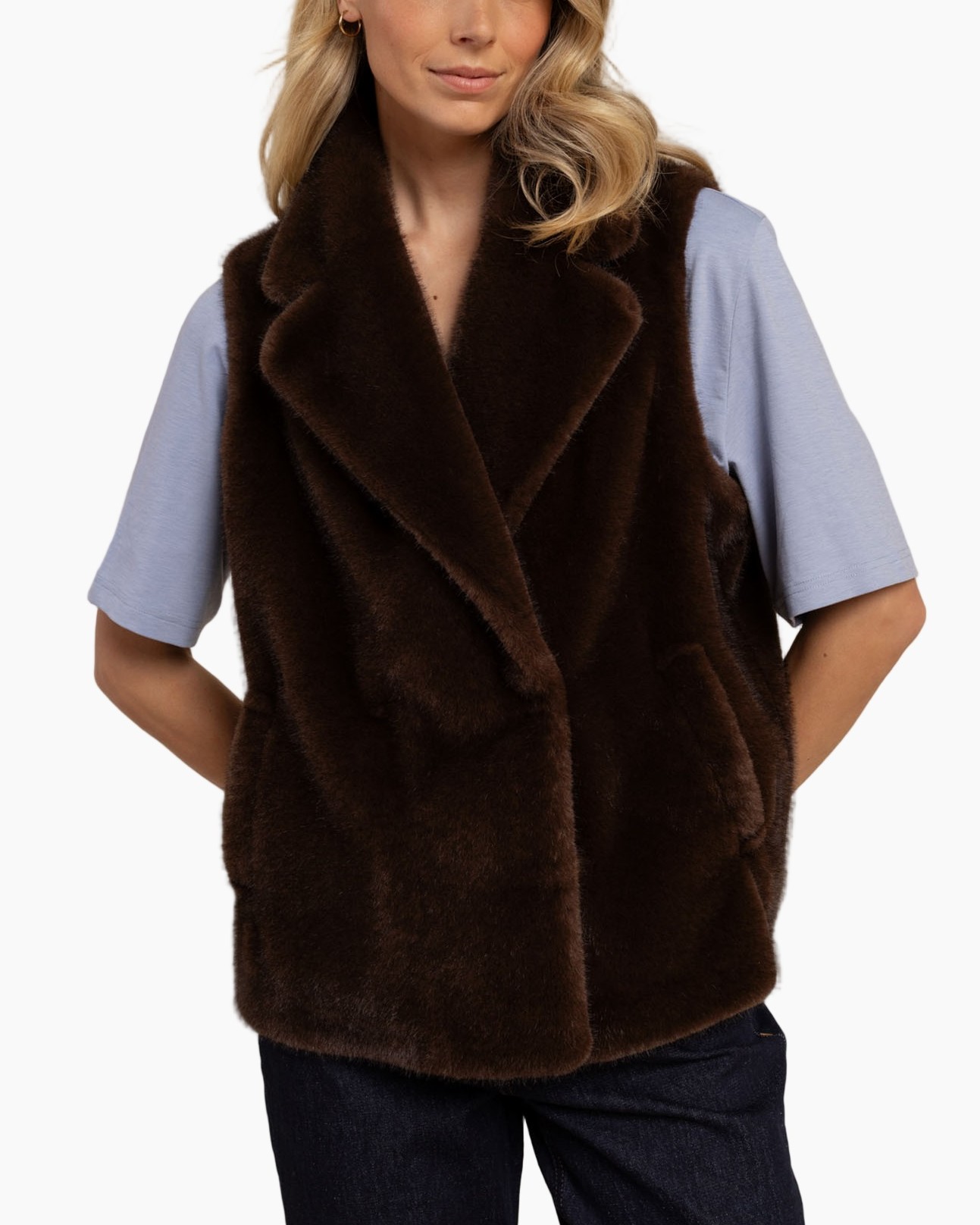 nepse faux fur vest?, bruin, mouwloos, open voorkant, zakken