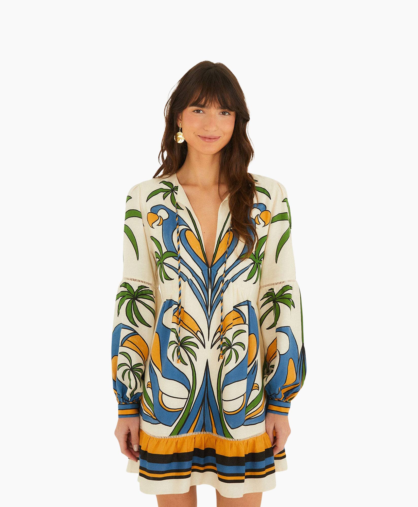 blouse, jurk, opdruk, lange mouw, strandkleding