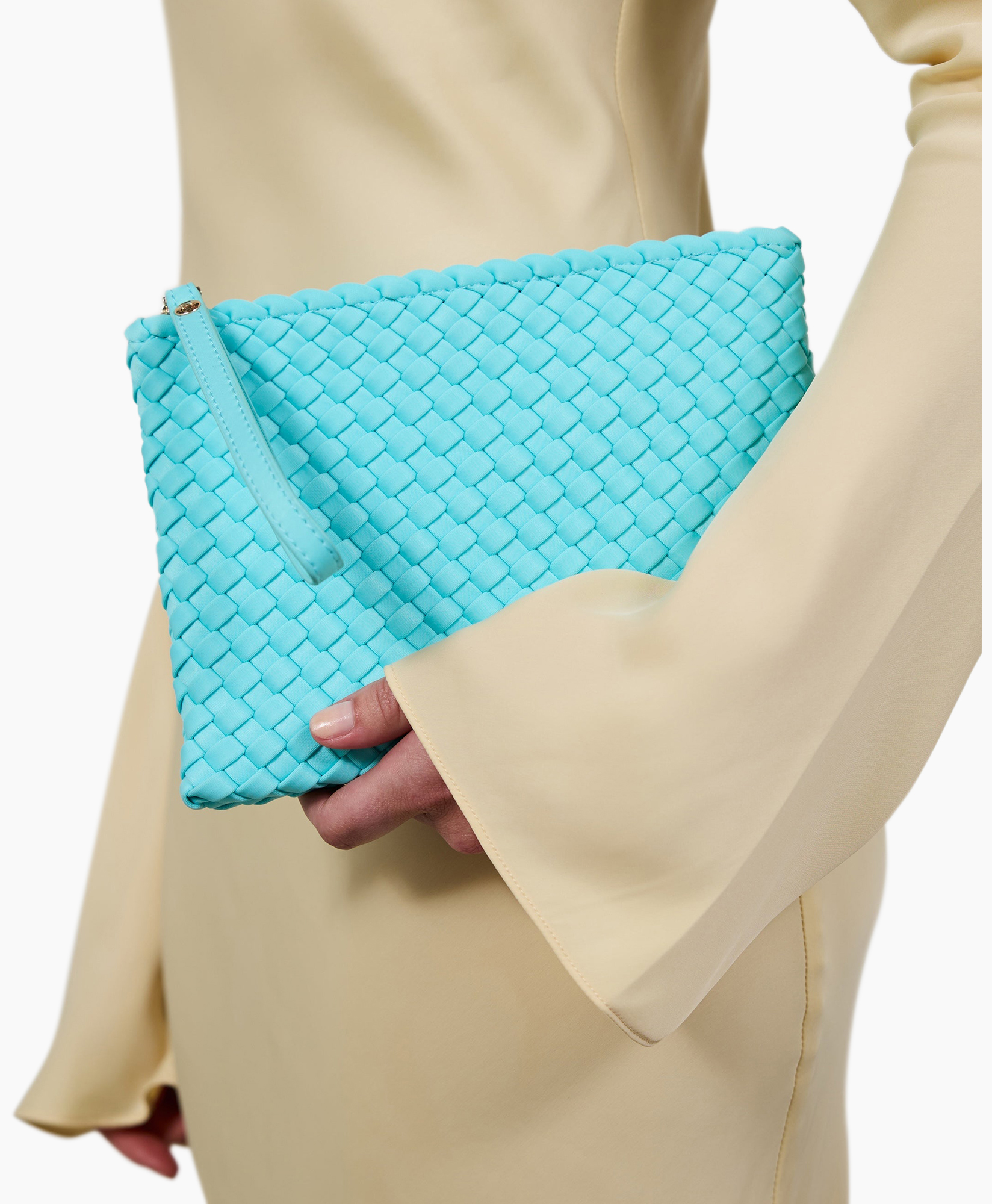 clutch, portemonnee, geweven, turquoise, rits