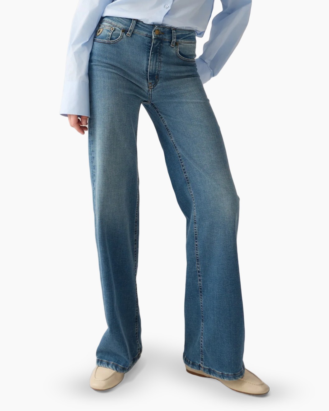 broek, wijd uit, denim, blauw, broek