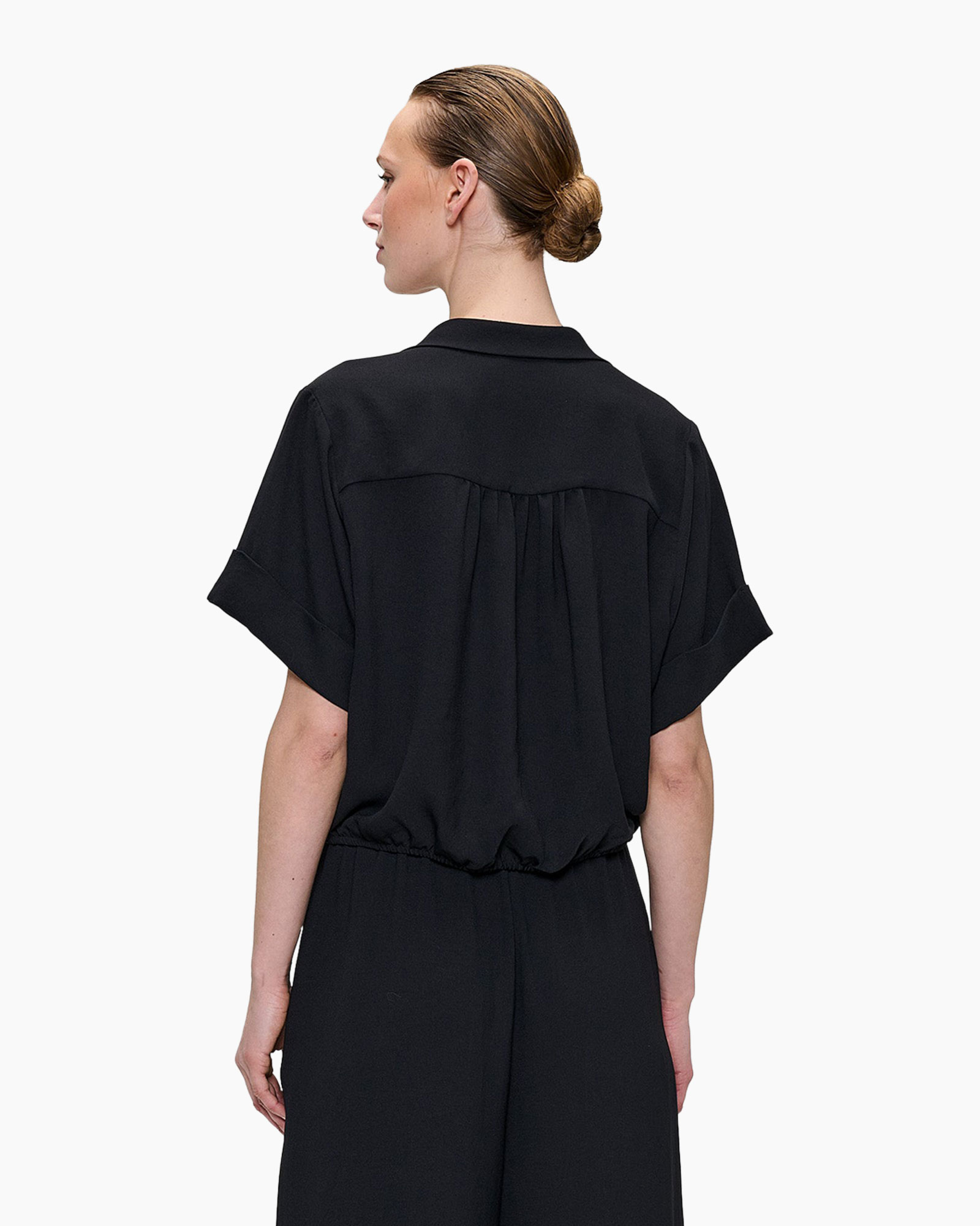 black, short-sleeve, button-up, collared, jumpsuit