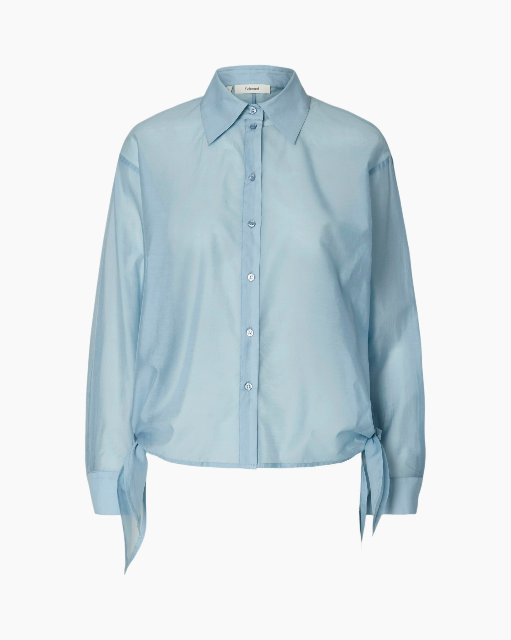 blouse, knopen-down, lange mouw, strik vooraan, lichtblauw