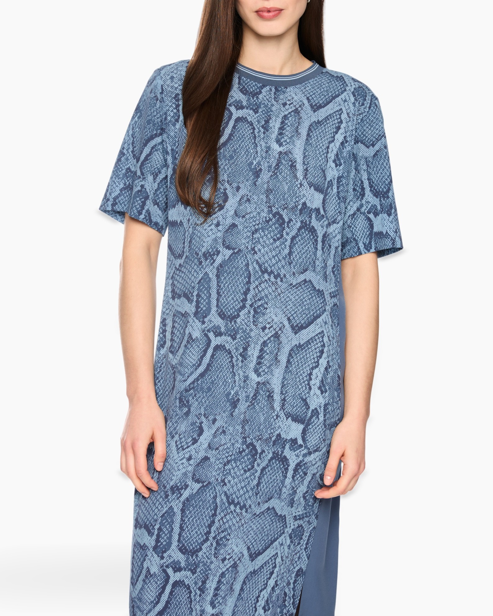 jurk, kortmouw, slangenhuidprint, middenlengte, blauwgrijs