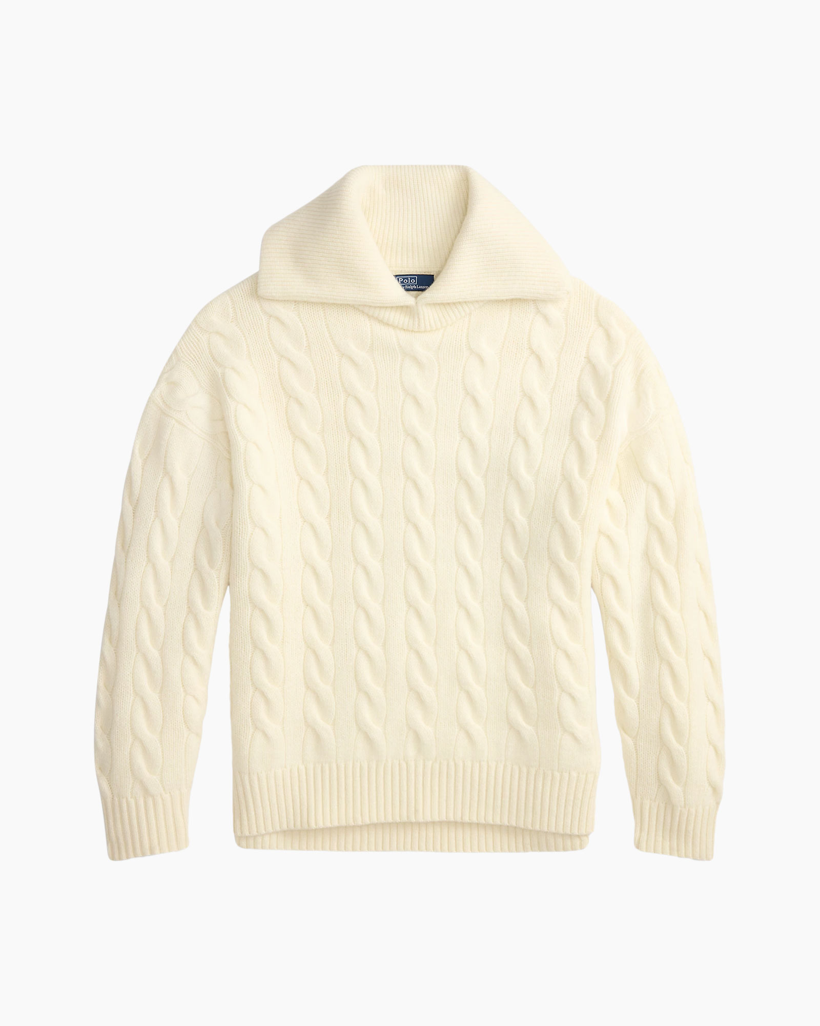 trui, kraag, kabelgebreide, crème, pullover