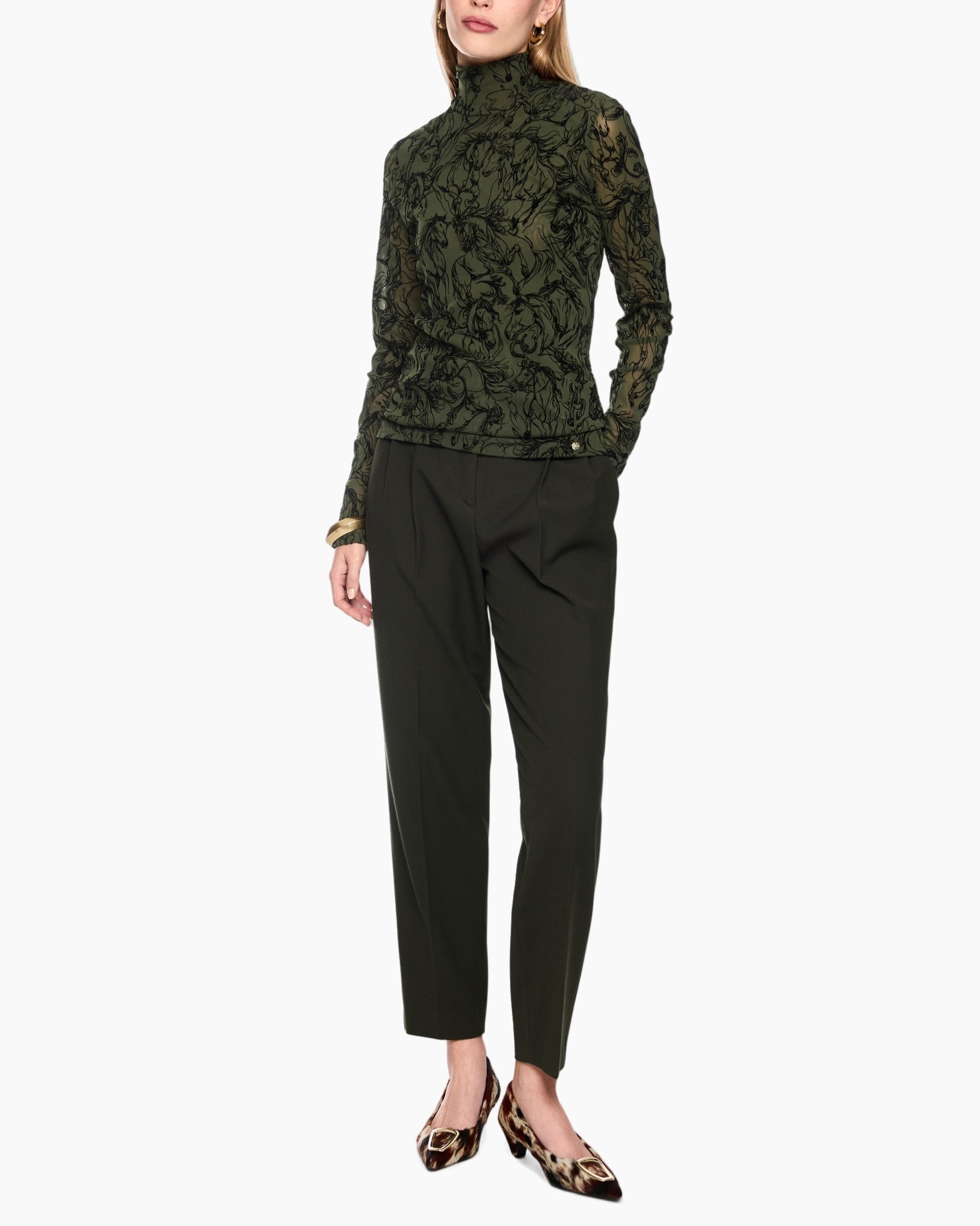 rol neck, lacetop, olijf groen, lange mouwen, getailleerde broek
