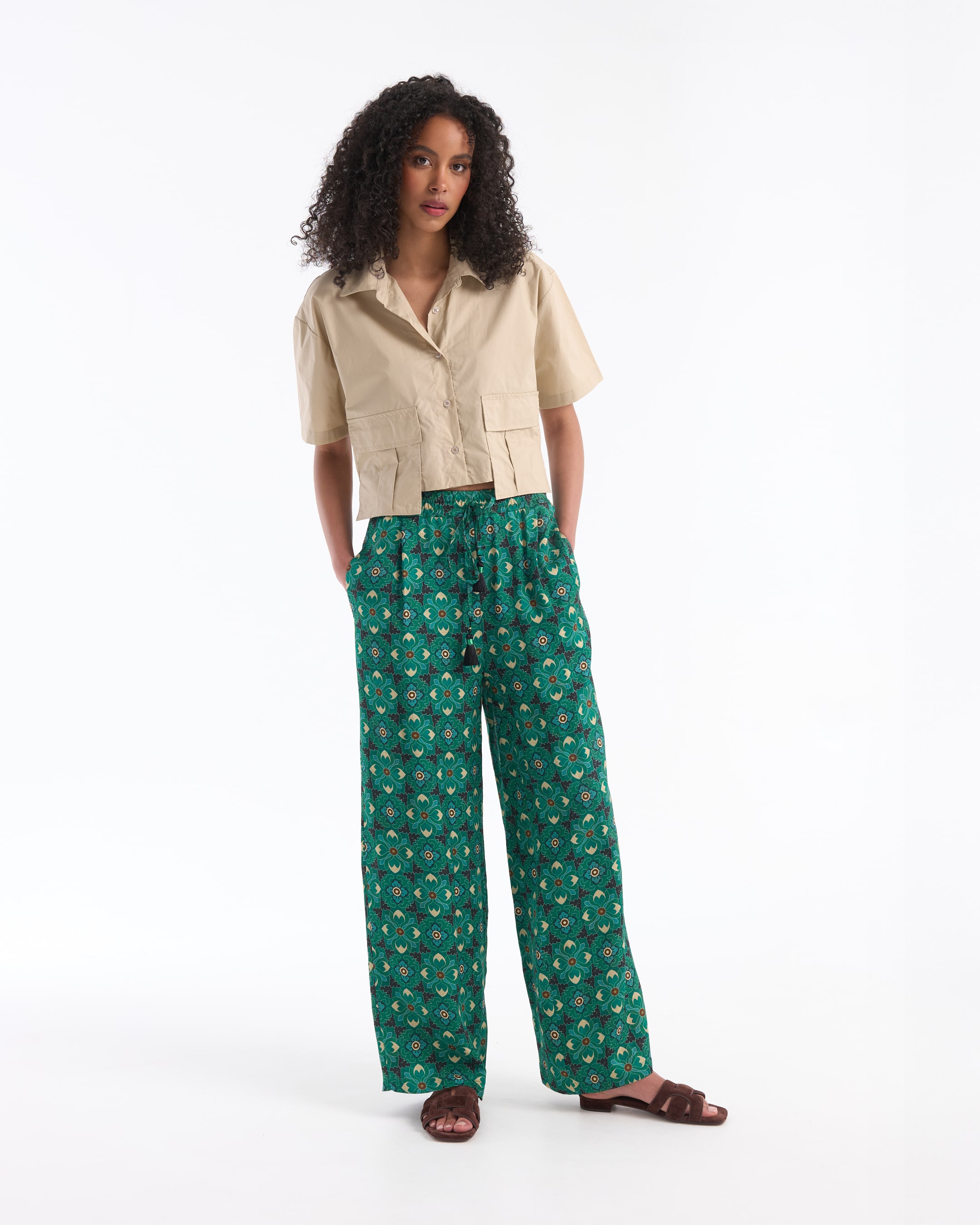 short-sleeve shirt, beige shirt, front pockets, wide-leg pants, green pattern