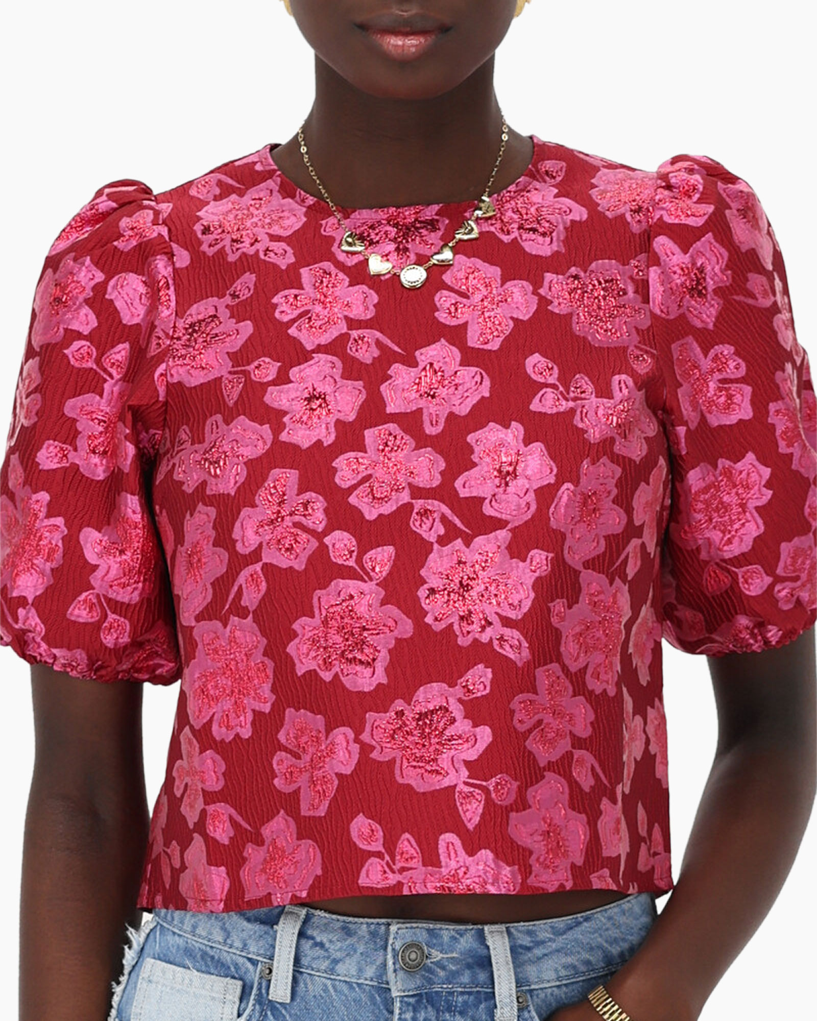 My Jewellery Top Top Flower Jacquard With Puff Sleev Rose