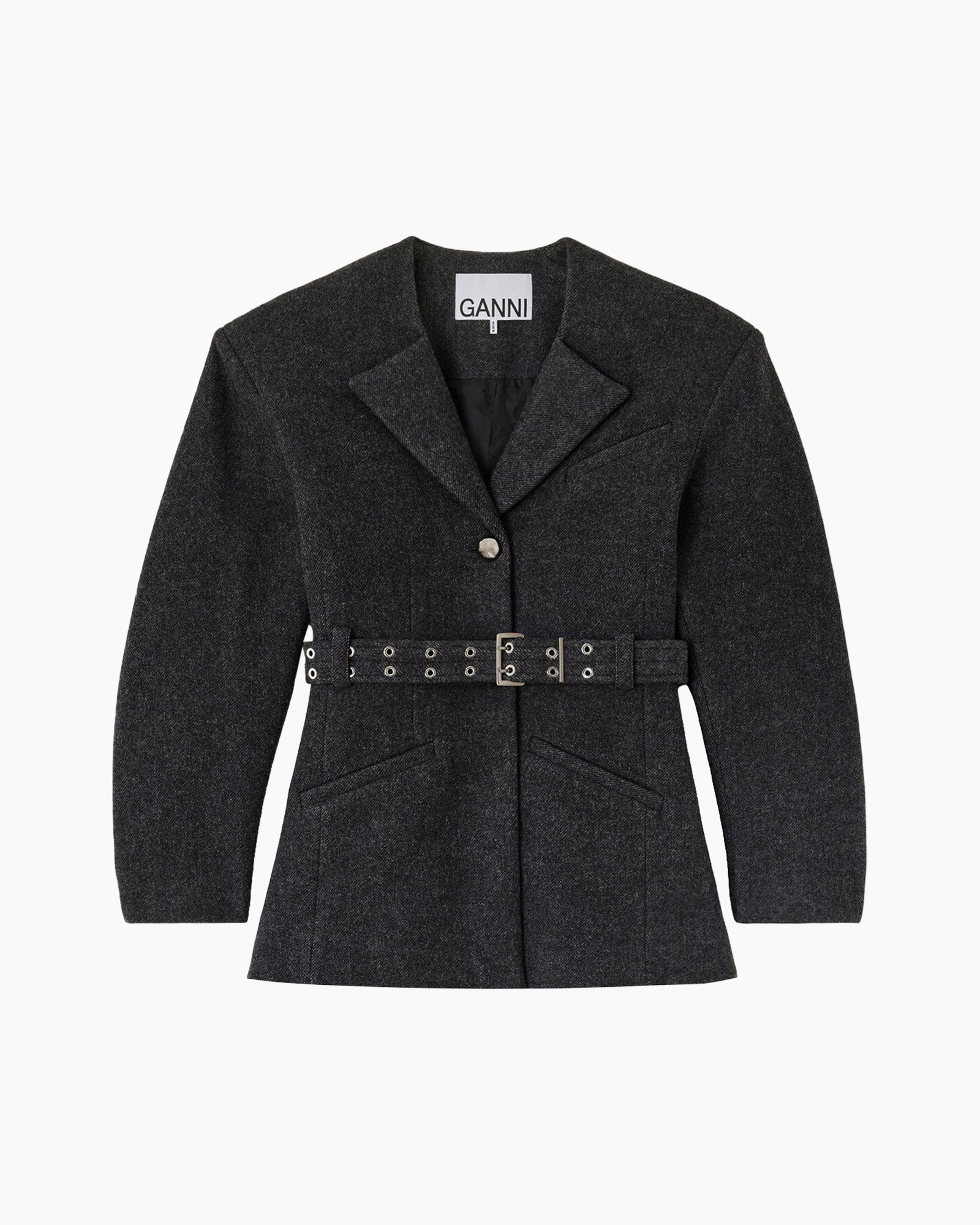 blazer, riem, donkergrijs, wolmix, kraagvak