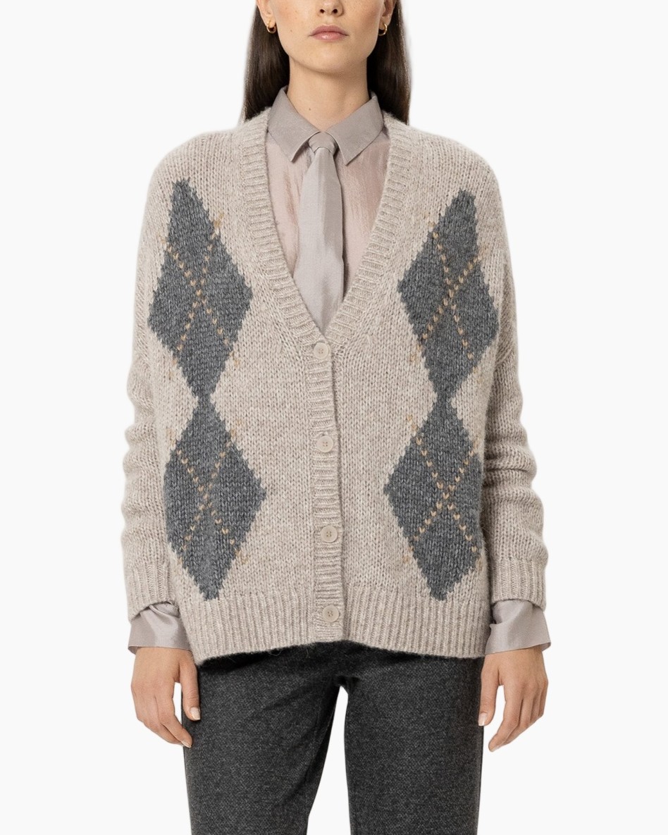cardigan, argyle, breipiet knit?, beige, open-front