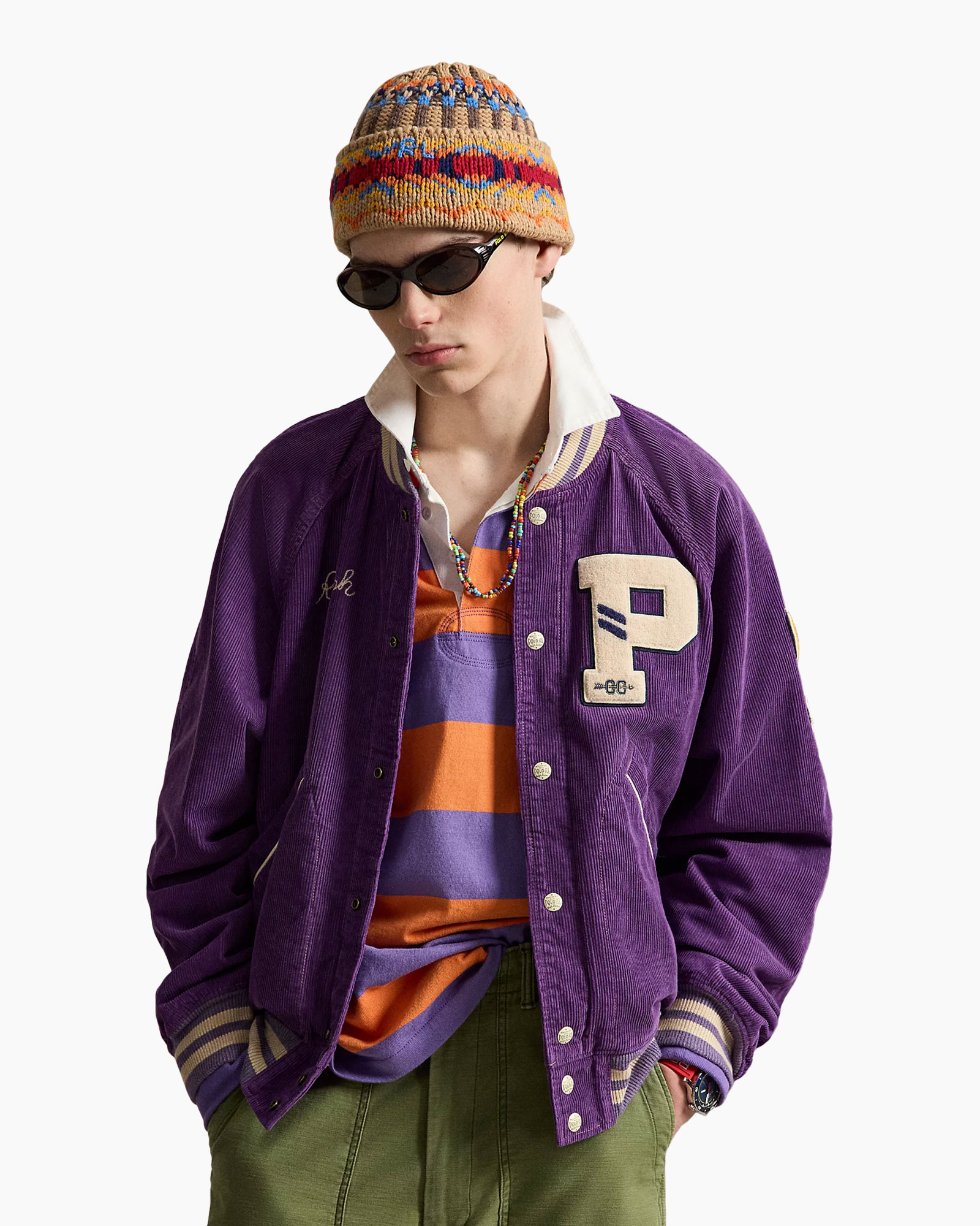 jacket corduroy, varsity jacket, paars, patch, gestreepte blouse