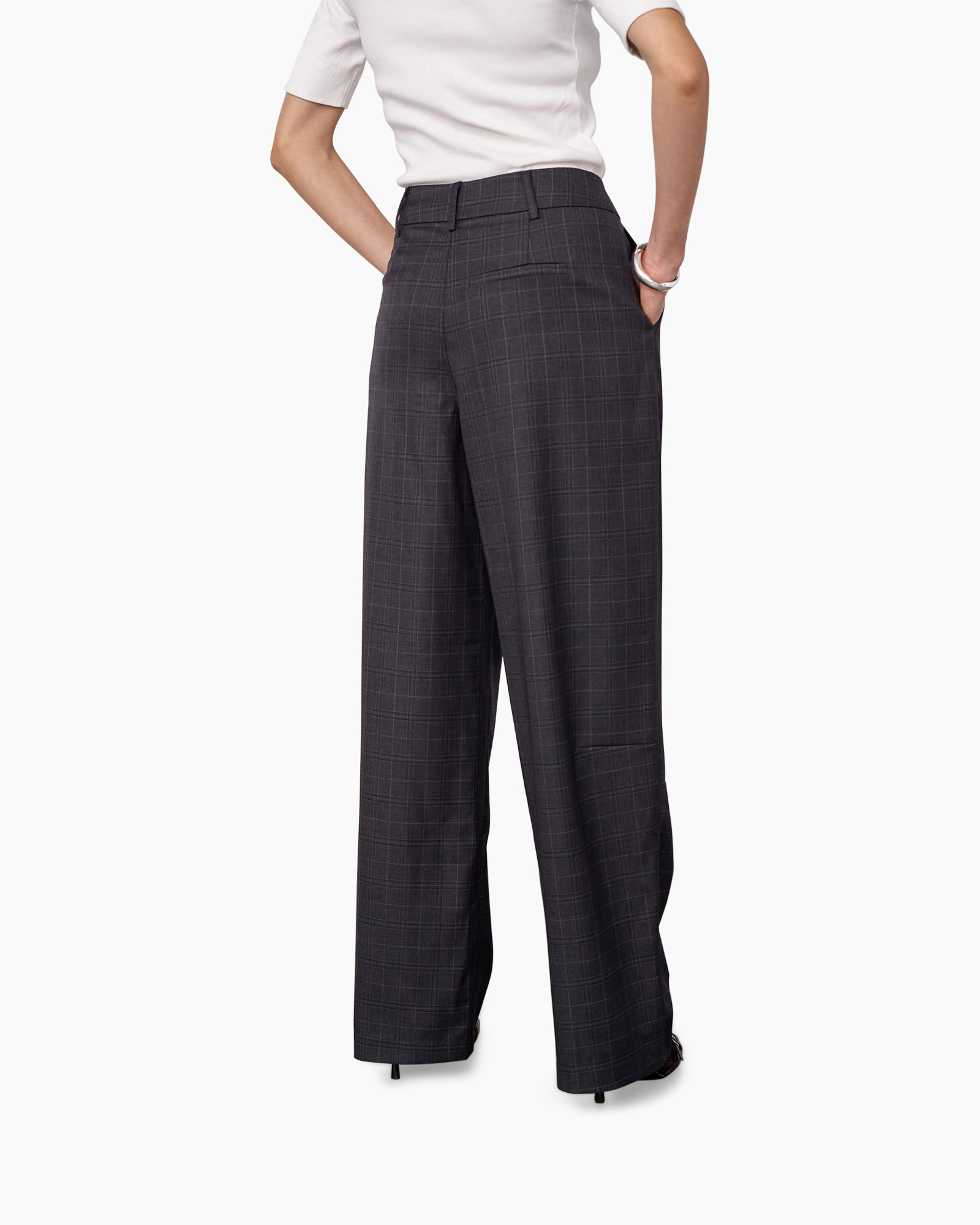 broeken, pantalon, wijd uitlopend, geruite, grijs