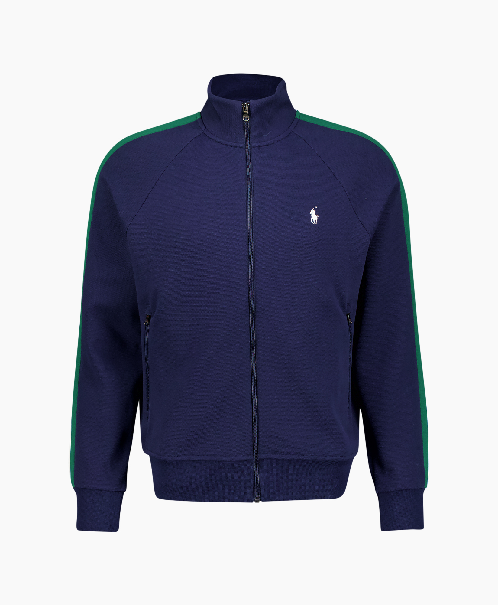 trainingsjack, rits, donkerblauw, groene streep, logo-embleem