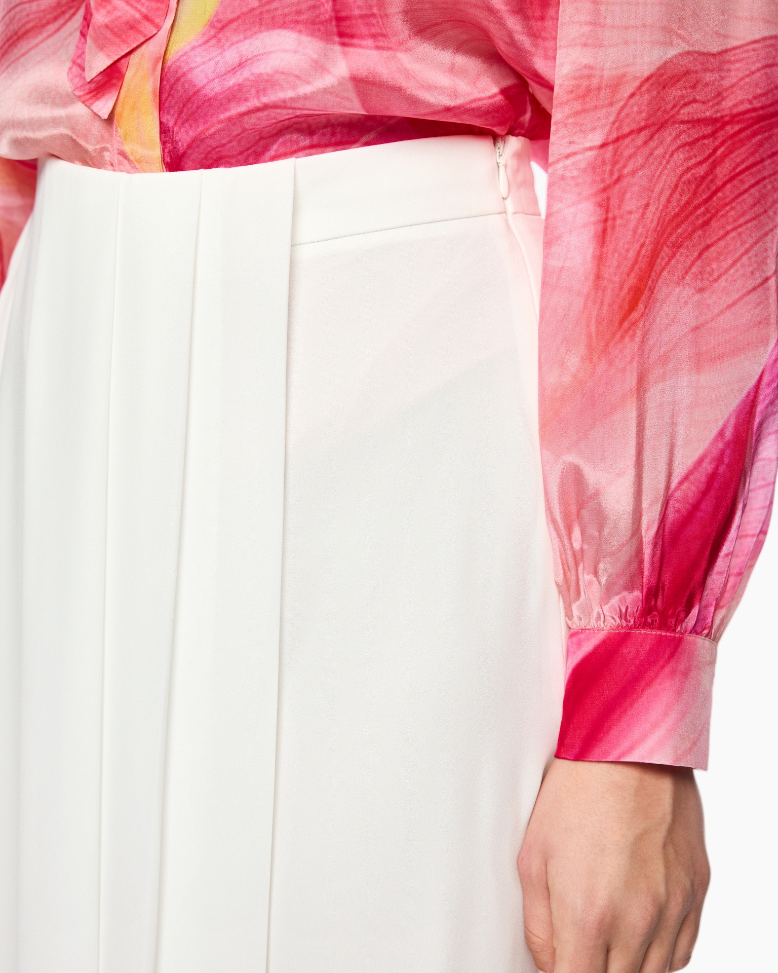 blouse, pink, sheer, long sleeve, white skirt