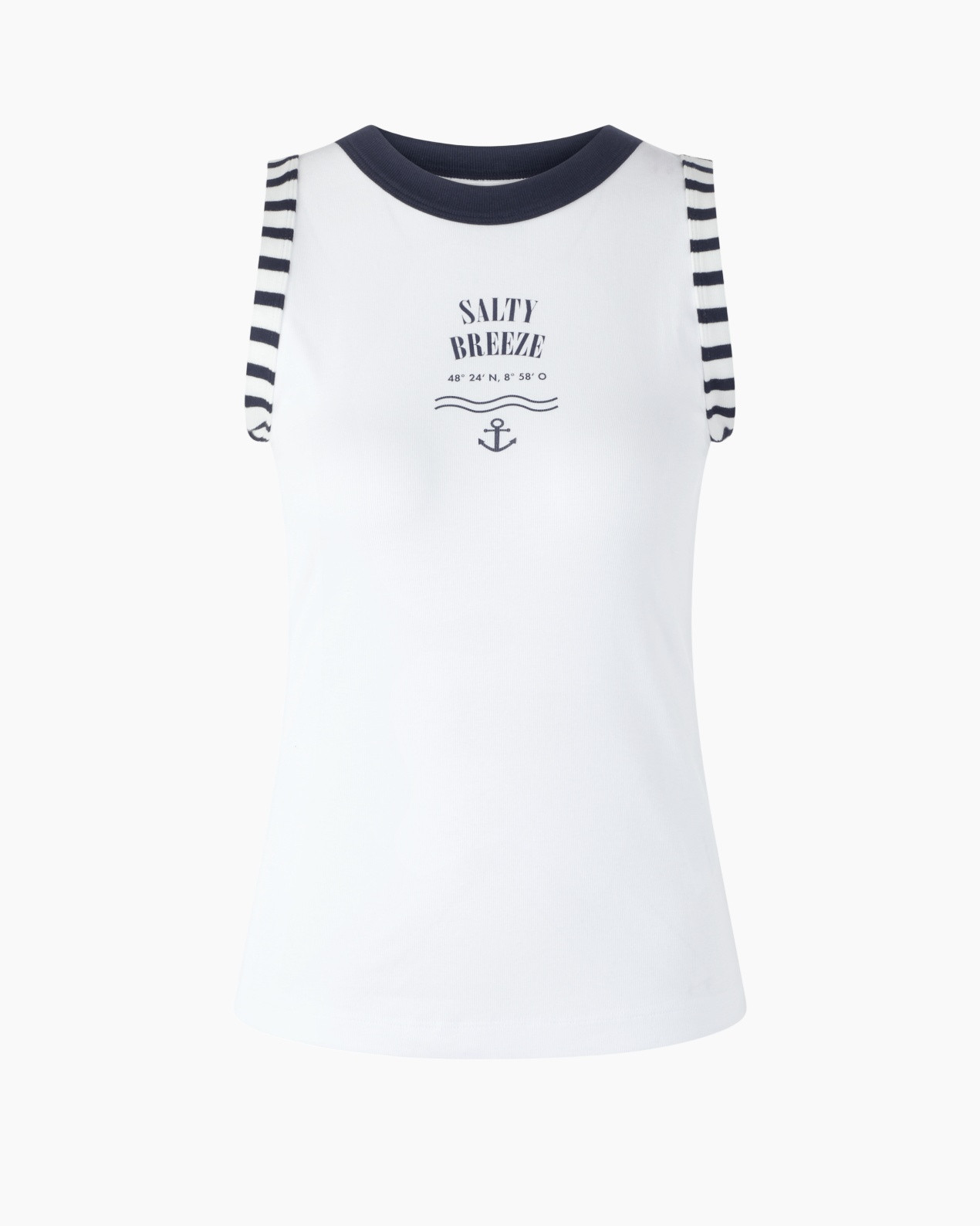 tank top, white shirt, striped sleeves, anchor graphic, navy trim