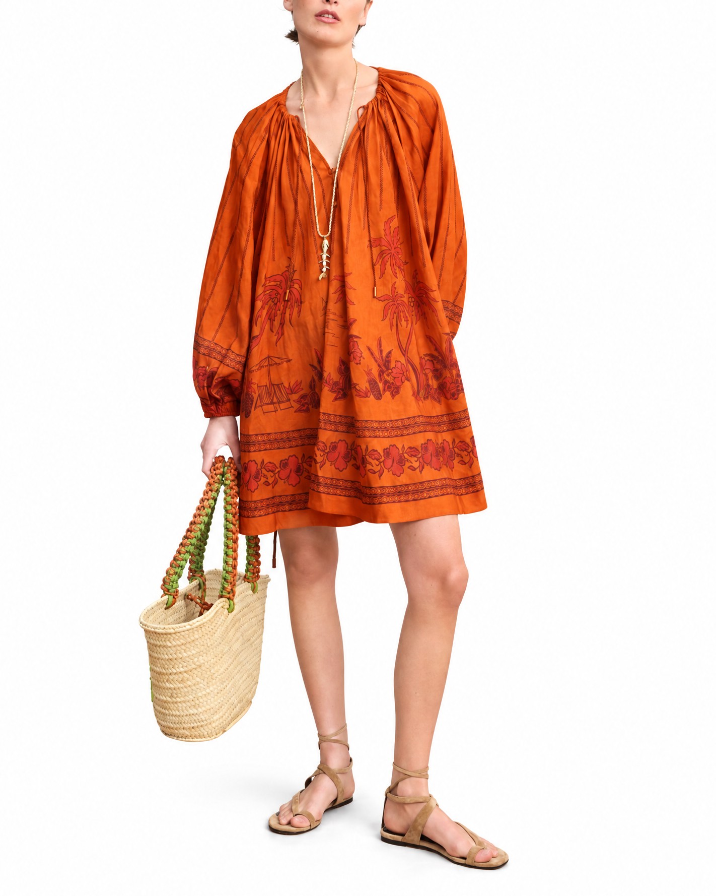 oranje jurk, boho jurk, lange mouwen, korte jurk, geweven tote tas