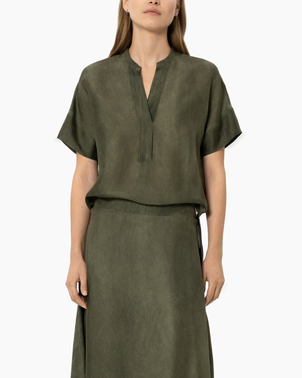 top, kortmouwig, olijfgroen, linnen-achtig, hemdjurk