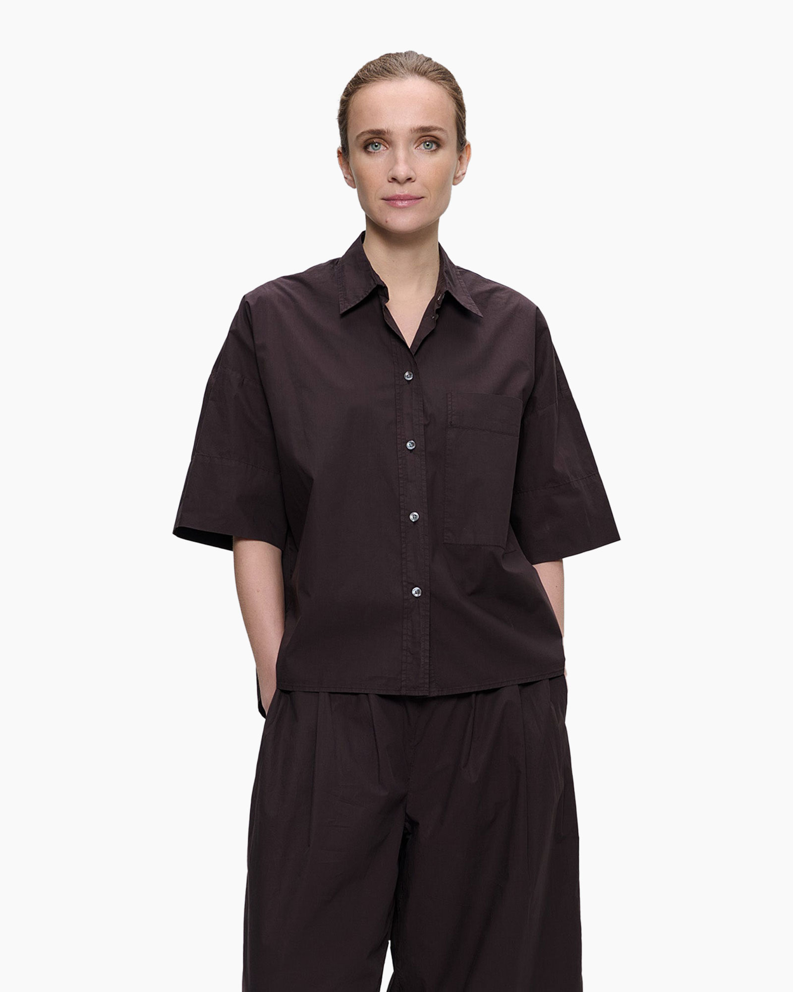 Blouse Paper Cotton Boxy Donker Bruin
