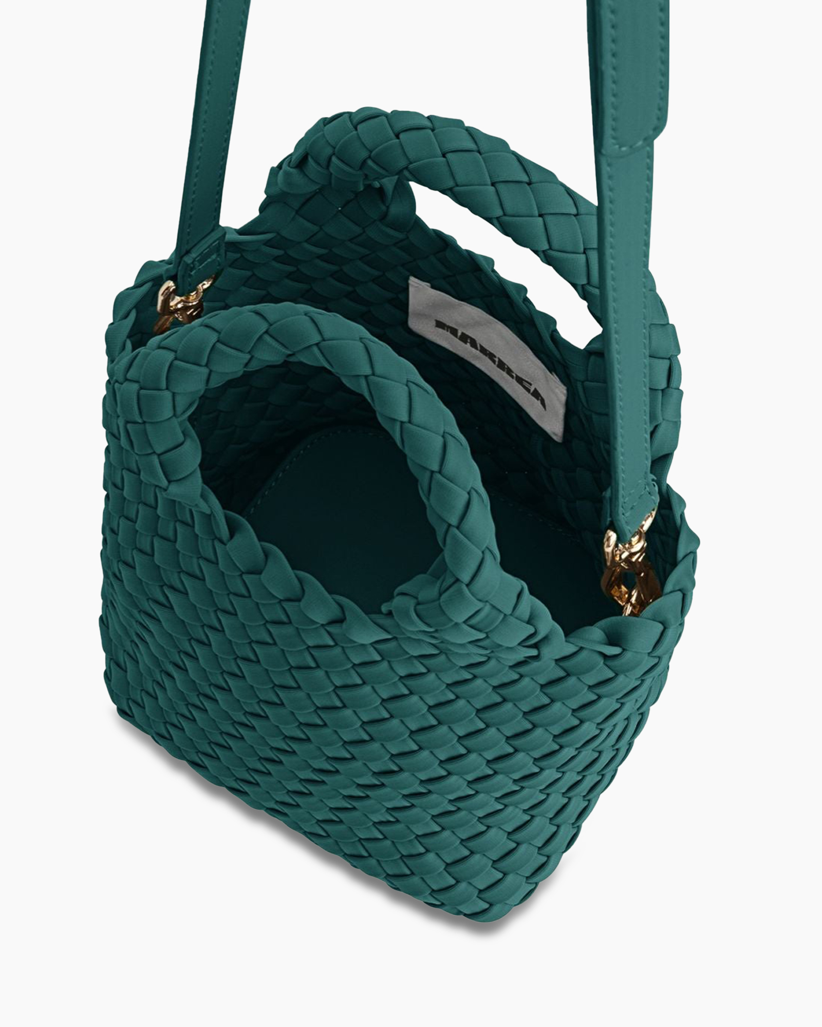 woven bag, teal color, handheld tote, basket weave, double straps