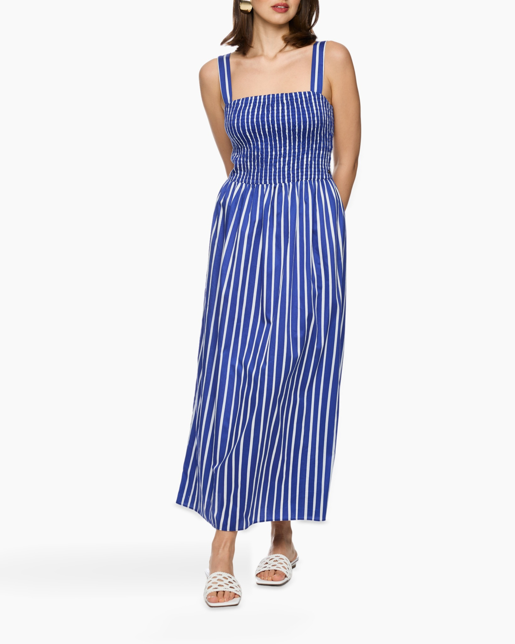 jurk, gestreept, blauw, maxi, zonder mouwen