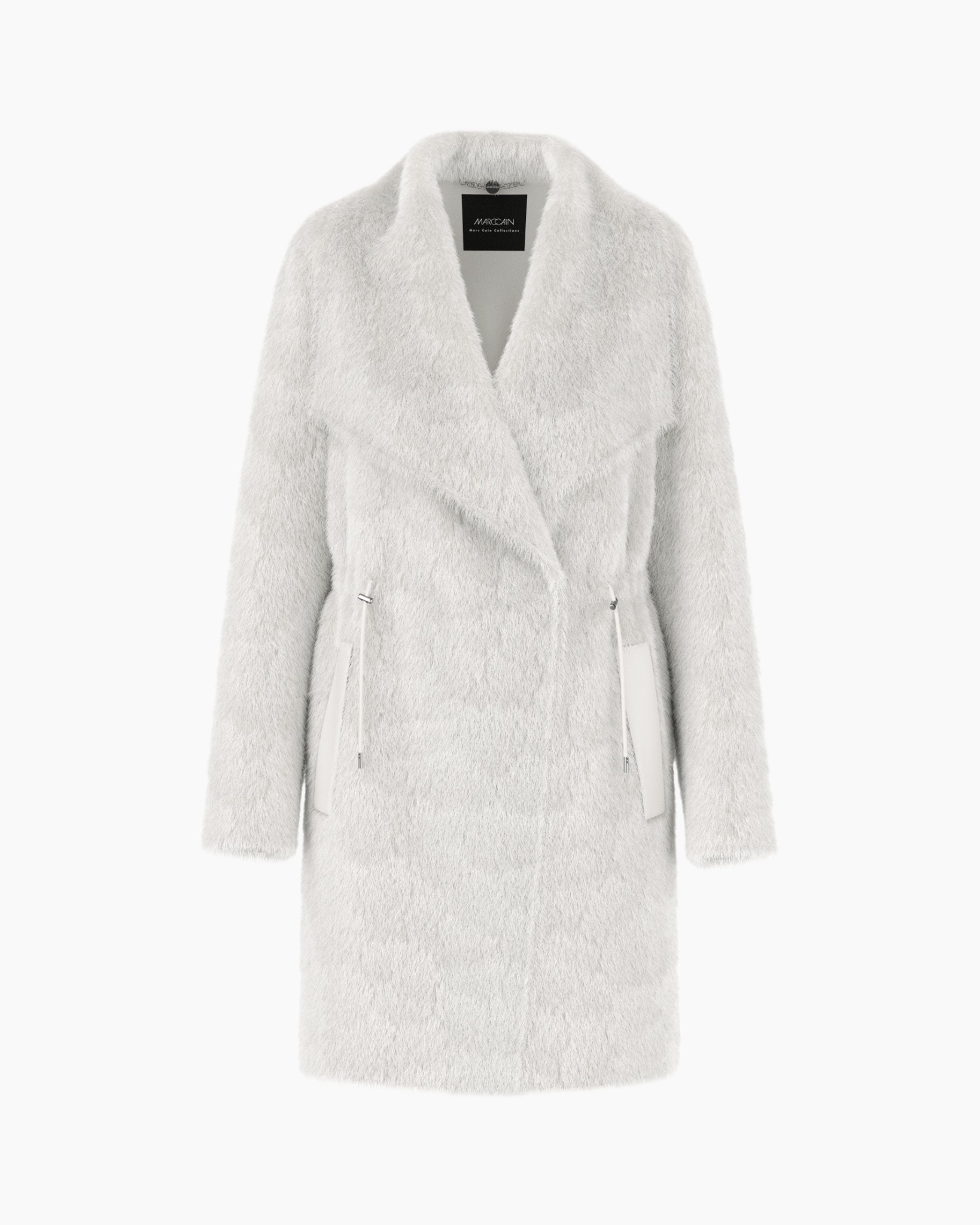 jas, faux fur, wit, lang, zakken with rits??
