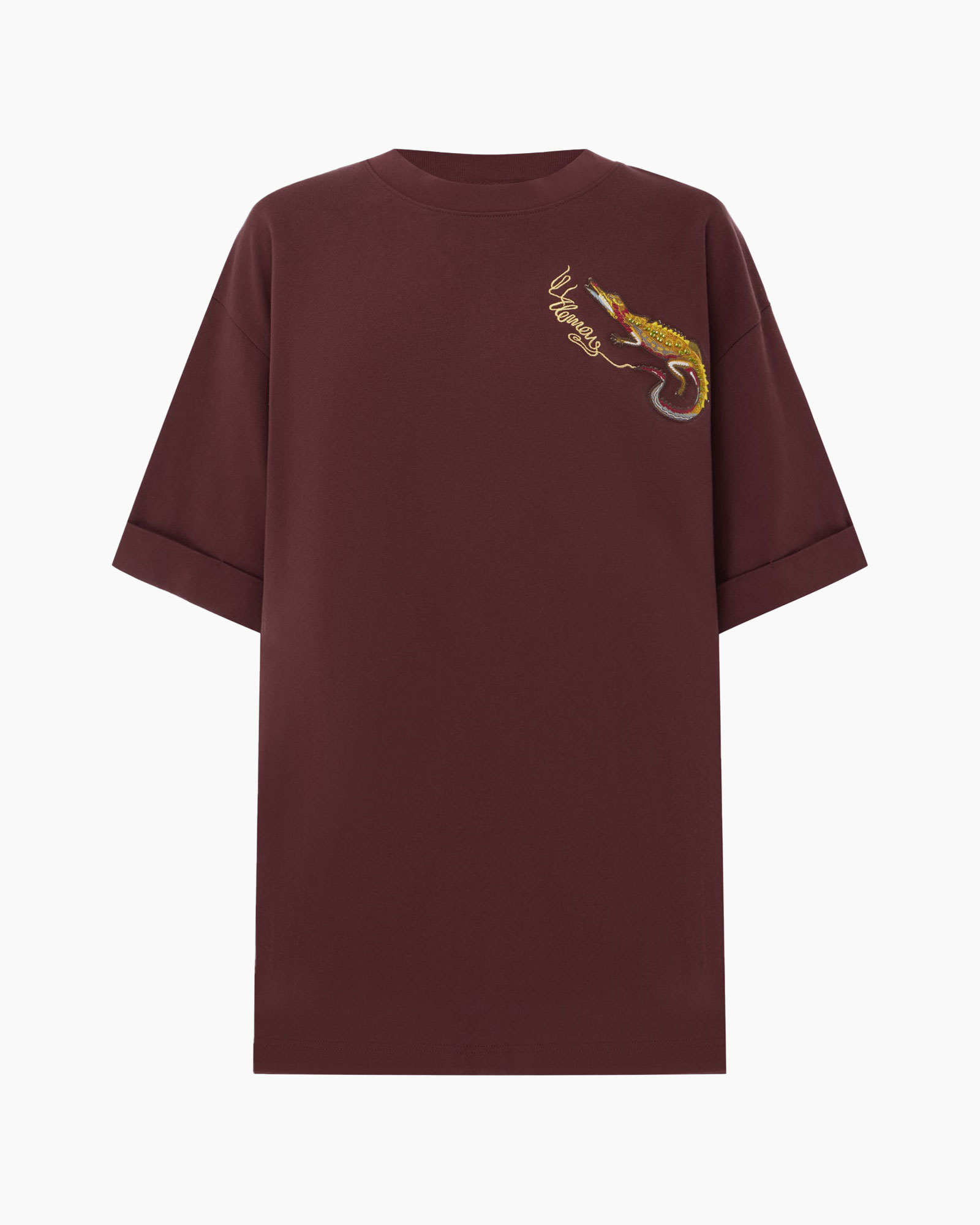 t-shirt, burdeau, borduurwerk draak, korte mouwen, marroon