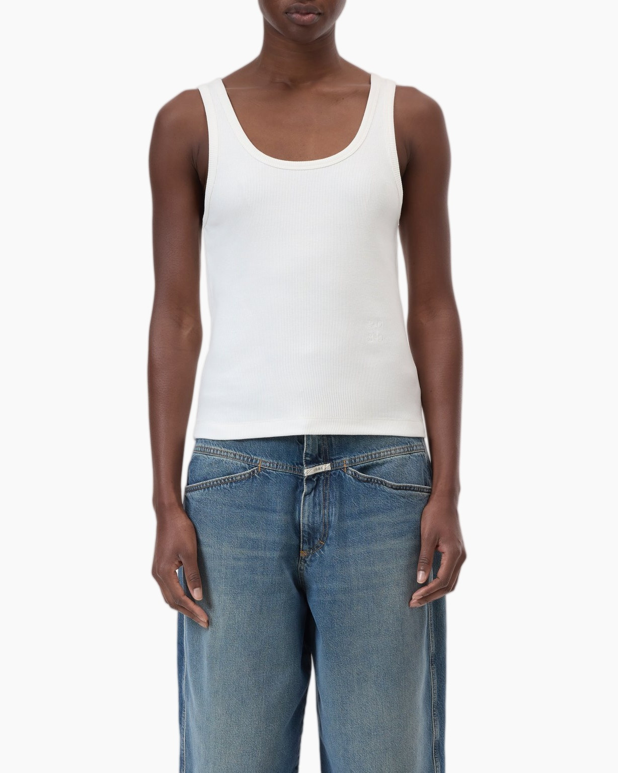 tanktop, wit, mouwloos, ribbel, vrouwen