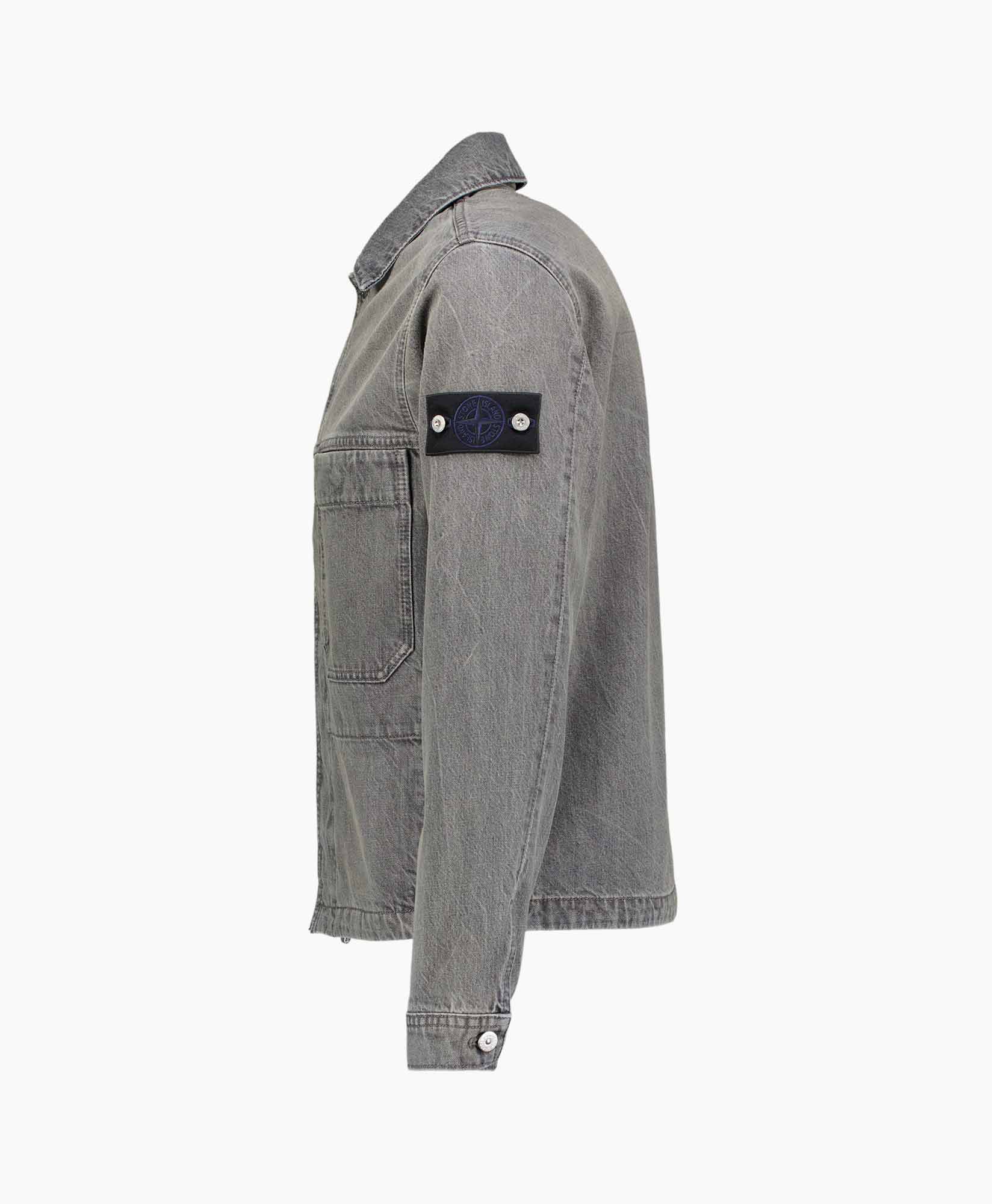 denim, jas, grijs, twee-tonig, zakken