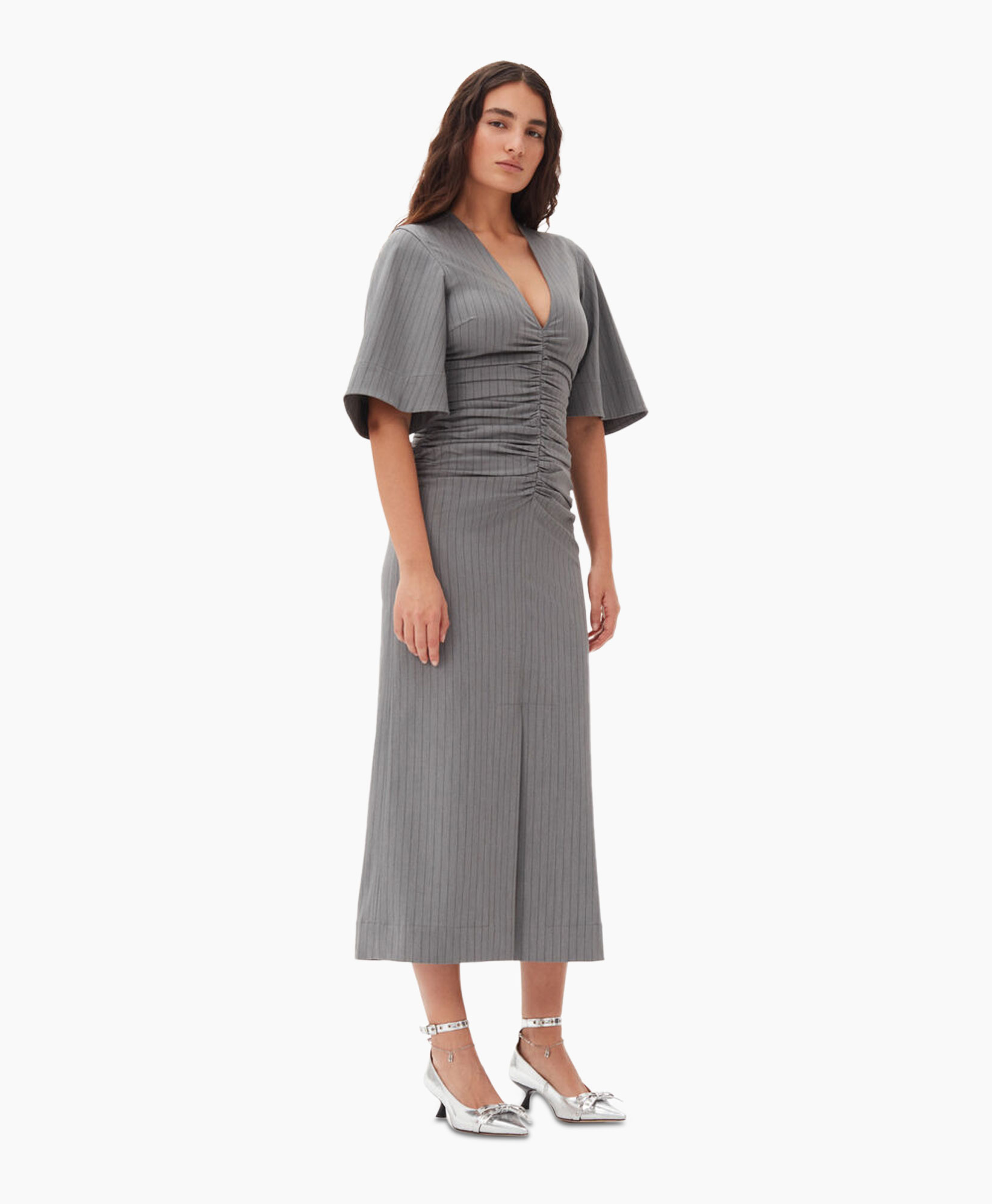 Midi Jurk Stripe Suiting V-neck Fitted Grijs