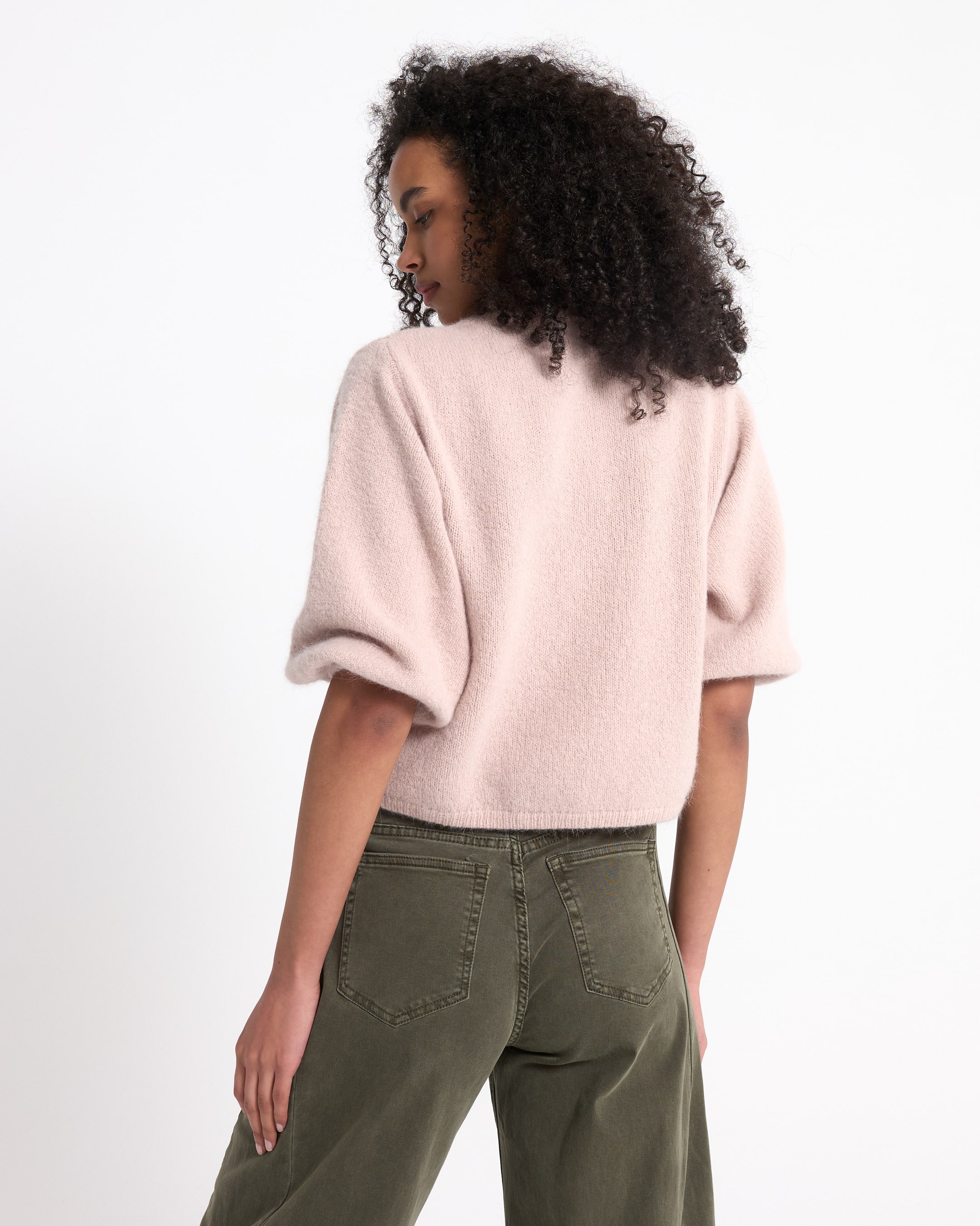 pink sweater, soft knit, short sleeves, cropped, women's top