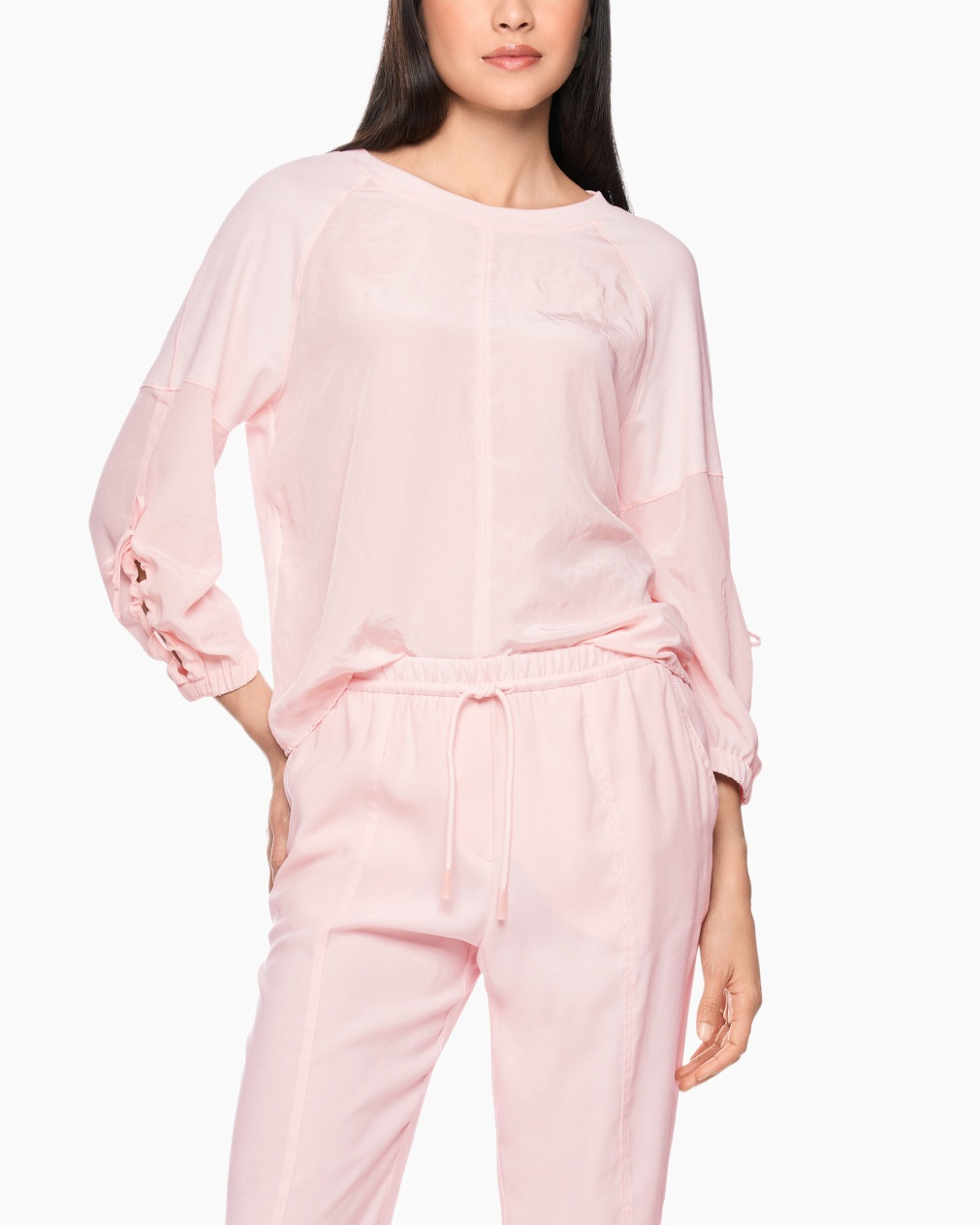 lounge set, pink top, pink pants, drawstring, elastic waistband