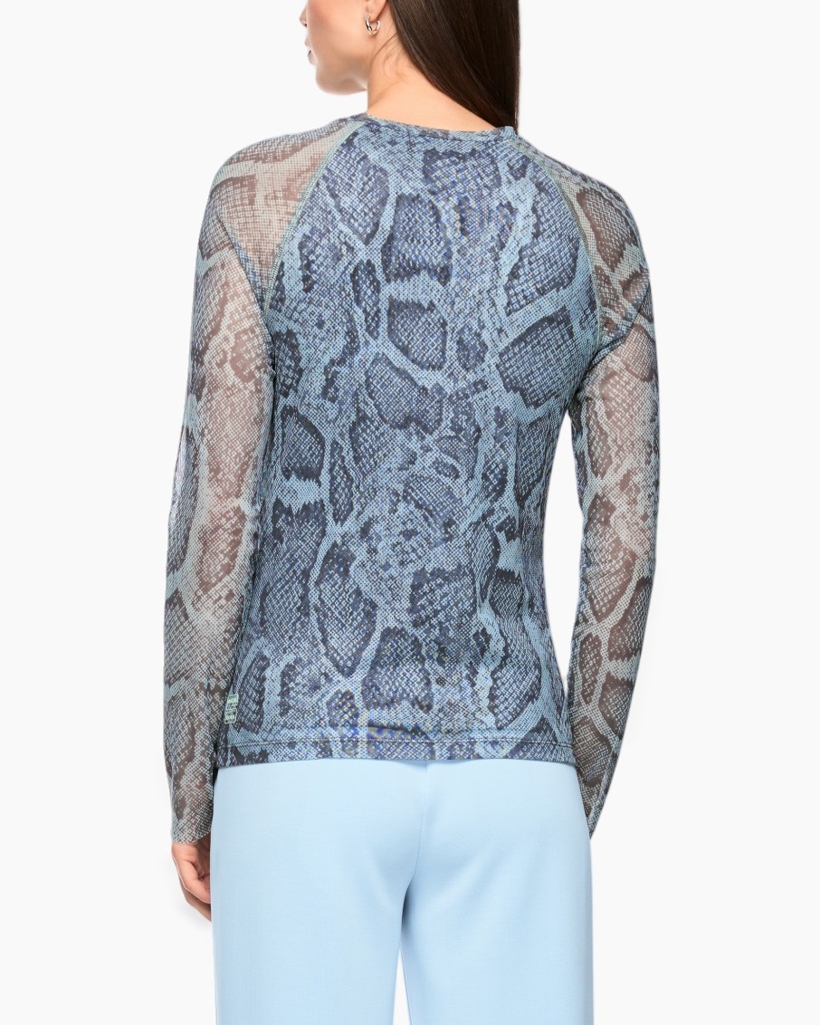 slangenprint, slangenhuid, mesh top, lange mouwen, blauwe top