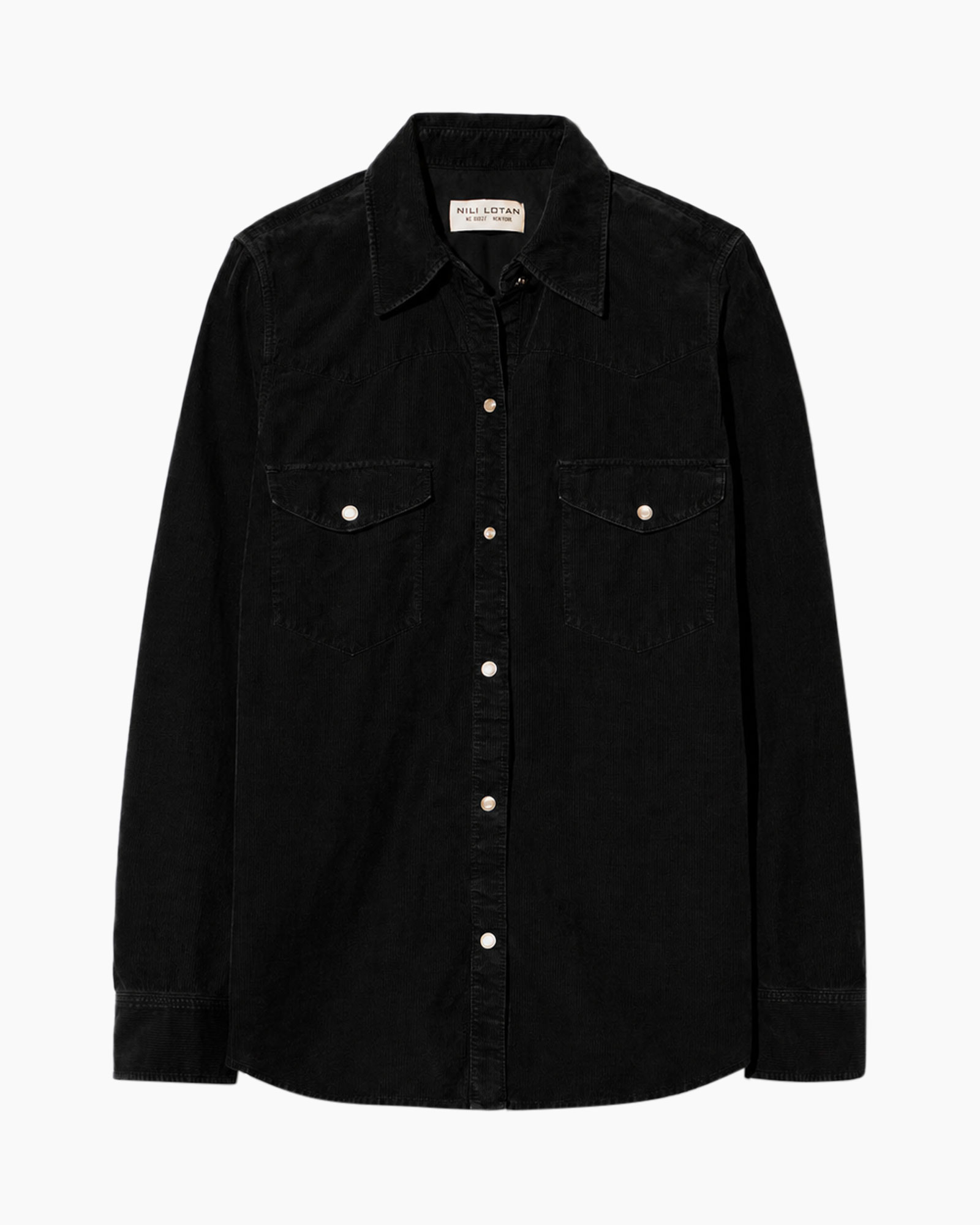 hemd, denim, zwart, knopen, zakken
