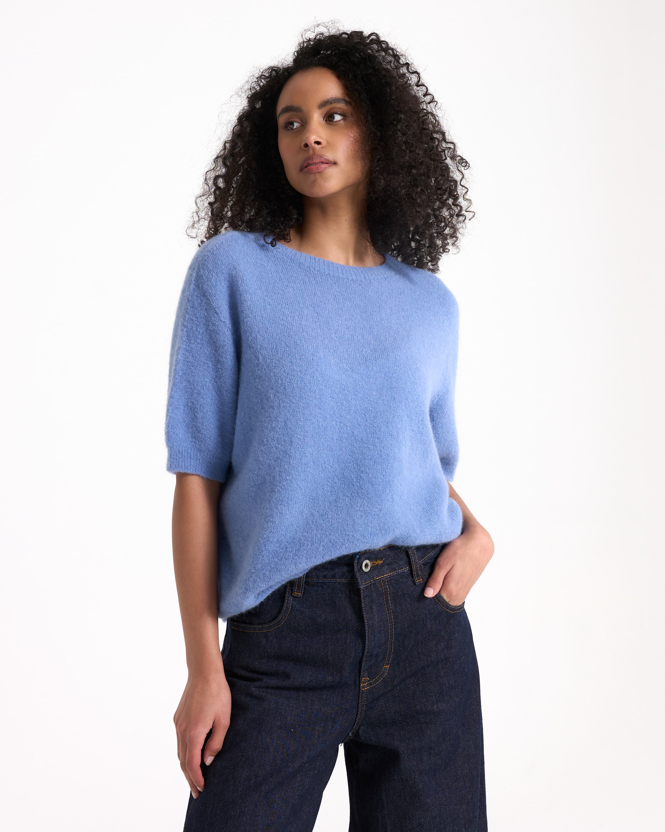 trui, blauw, gebreid, korte mouwen, vrouw