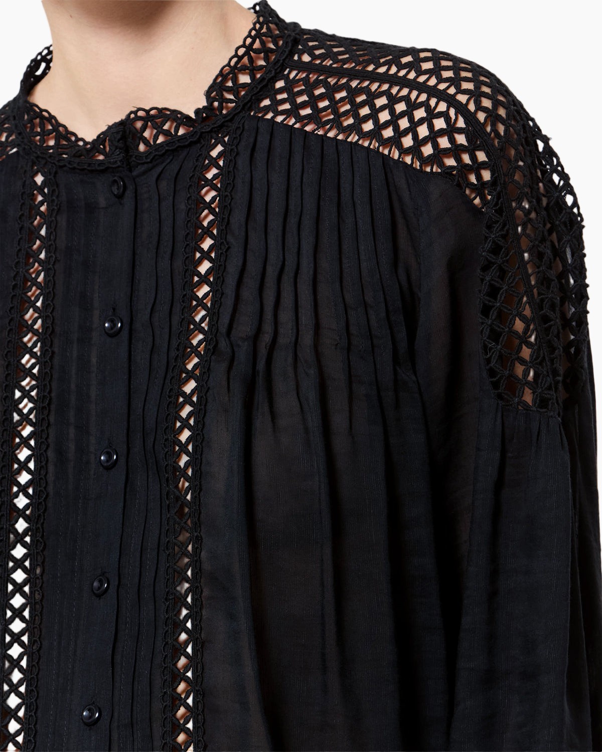 zwart, top, patroonnet, puff-sleeve, gaasborduurwerk