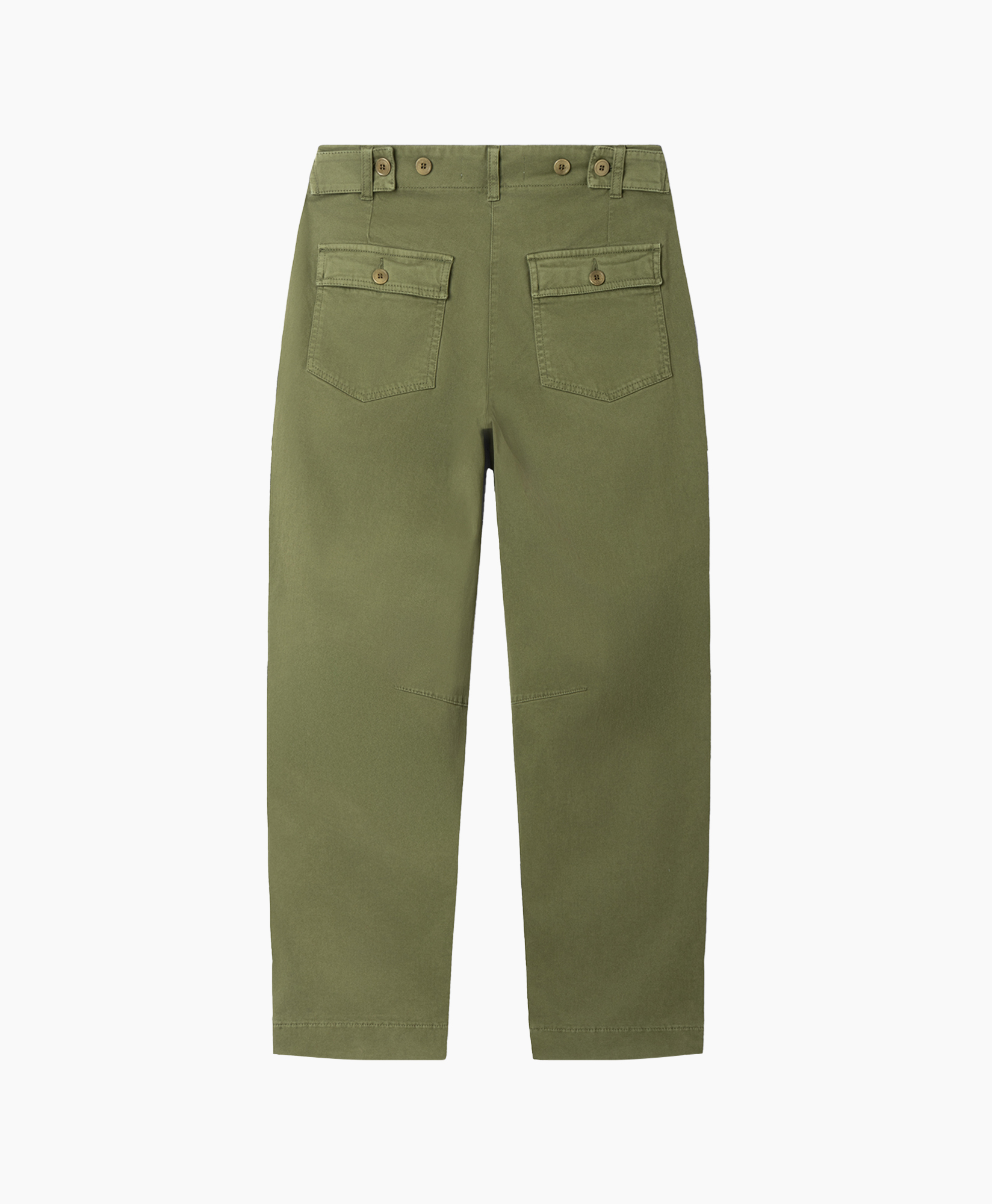 broek, groen khaki, cargo broek, plooien, voorzijde gezien