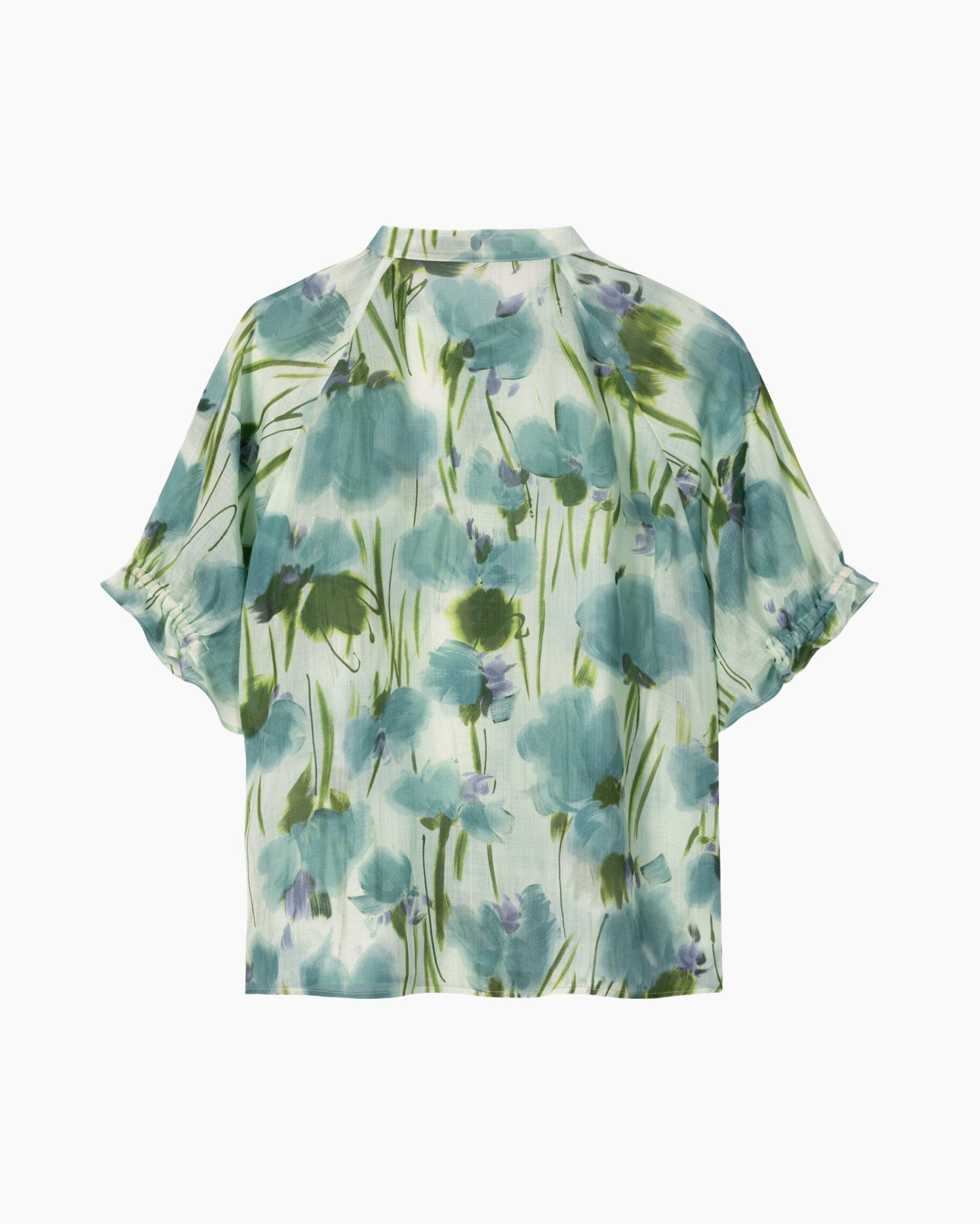 blouse, floral, short sleeve, green blue, watercolor pattern
