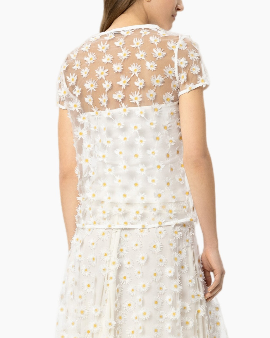 jurk, wit, dagbloem, borduurwerk, doorschijnend