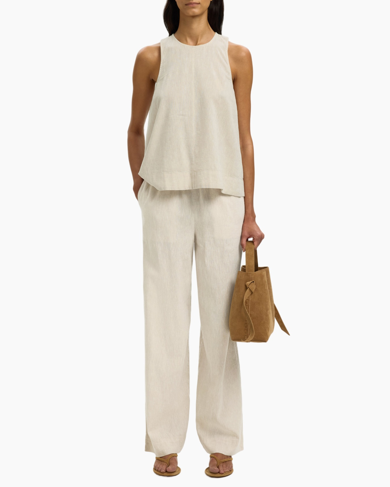 linen, tank-top, wide-leg-pants, beige, strap-handle-bag