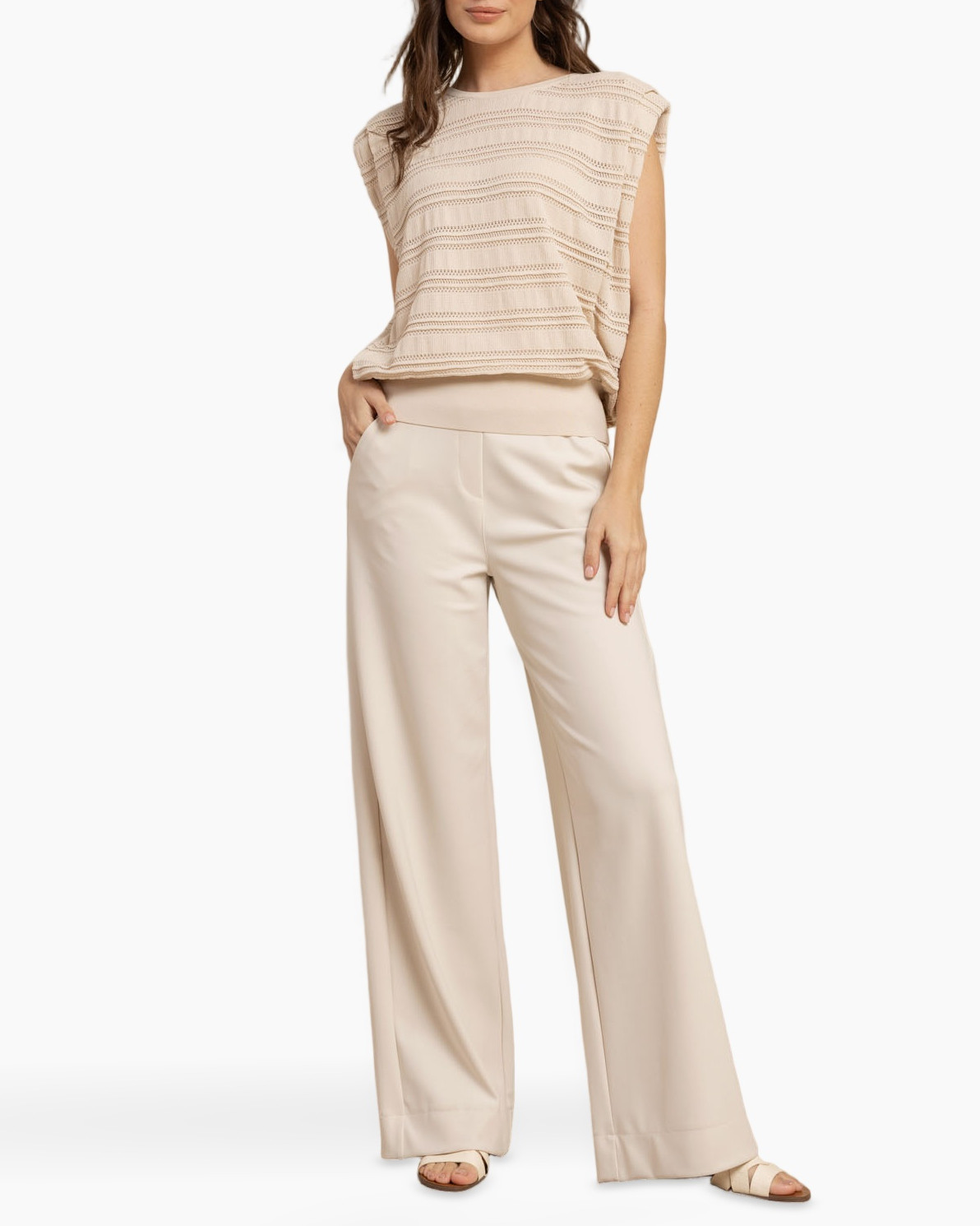 top zonder mouwen, breiTop, beige, gebreid patroon, casual top