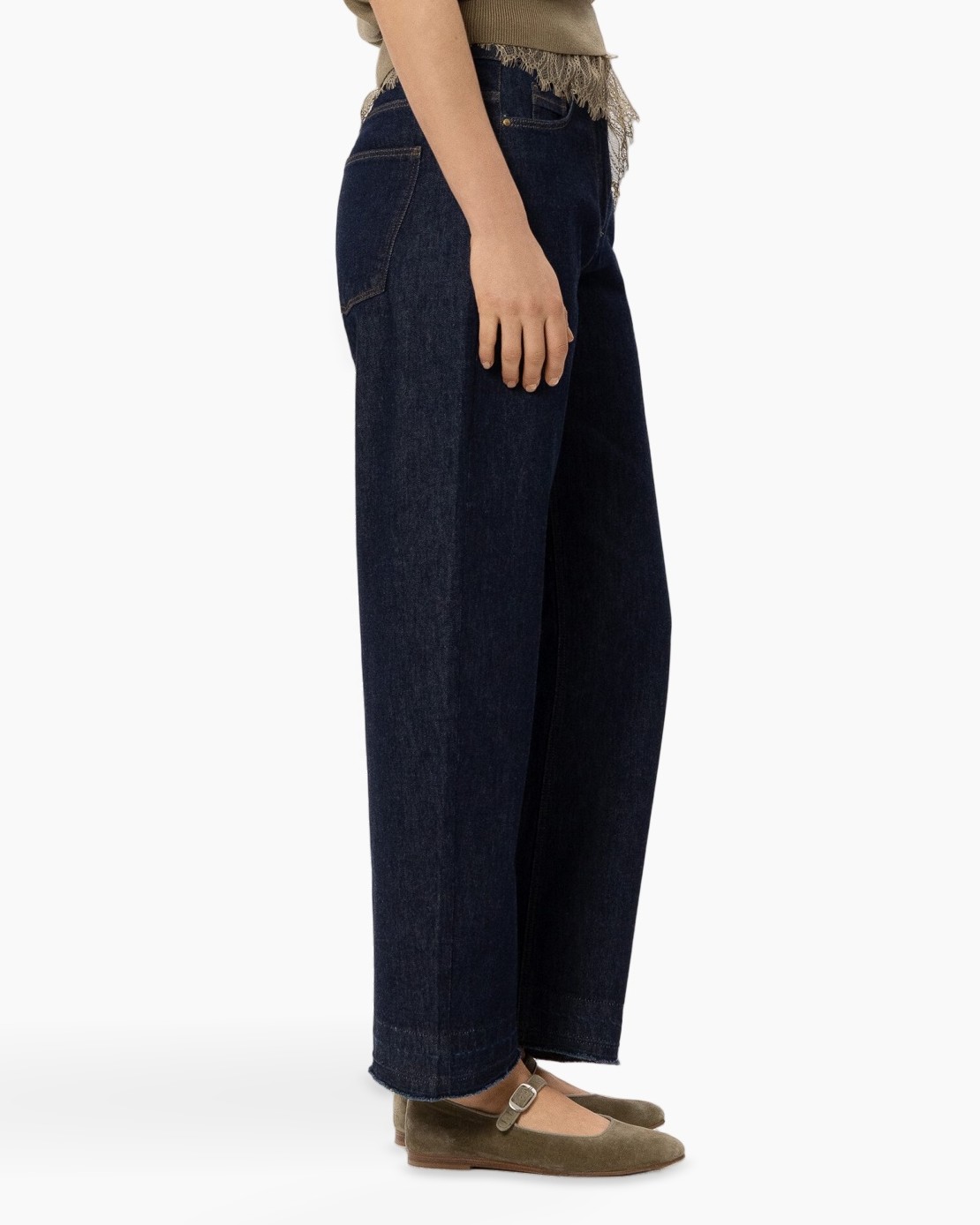 broeken, denim, wijd, volle lengte, zakken