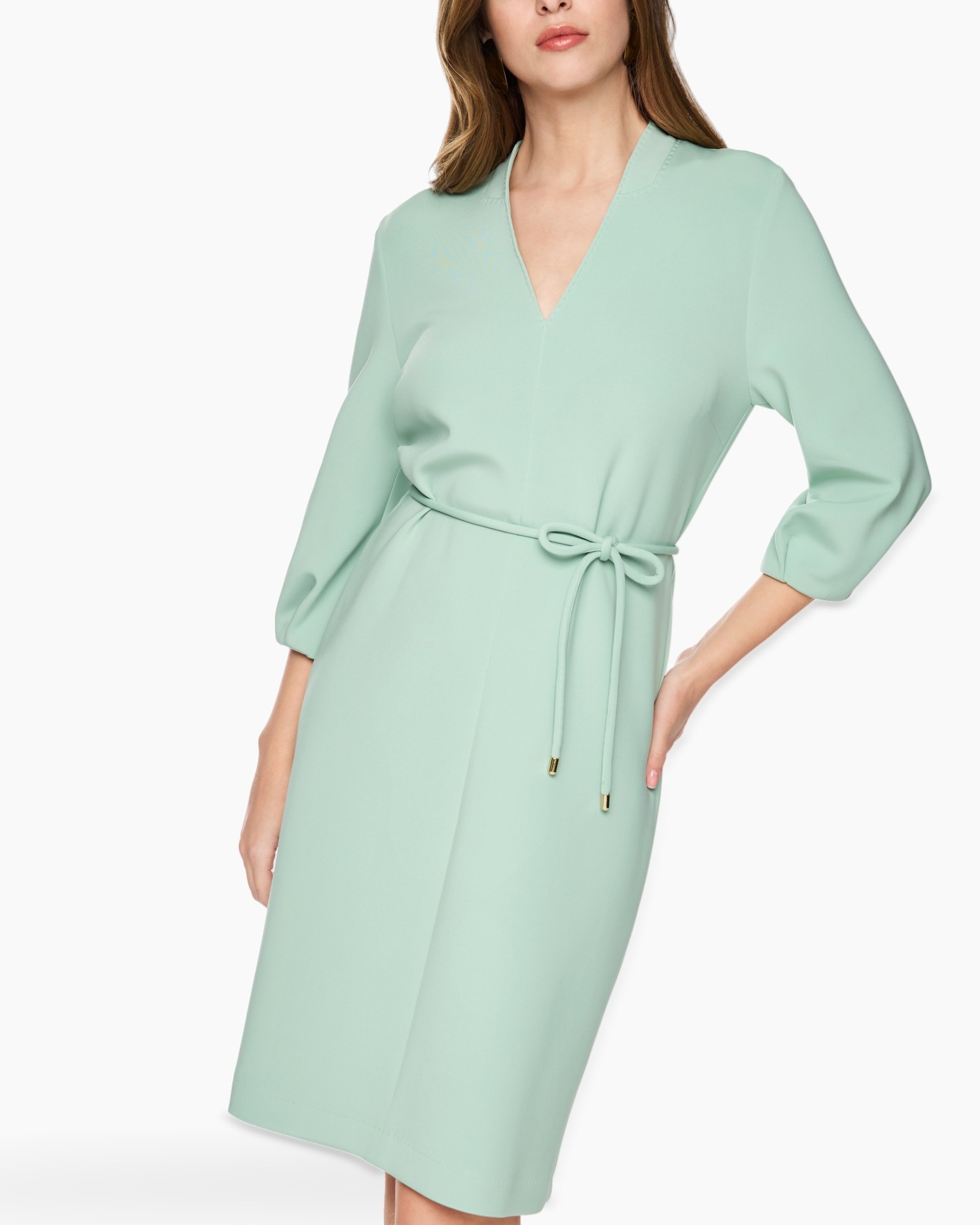 jurk, wrap, knielengte, munt, lange mouwen