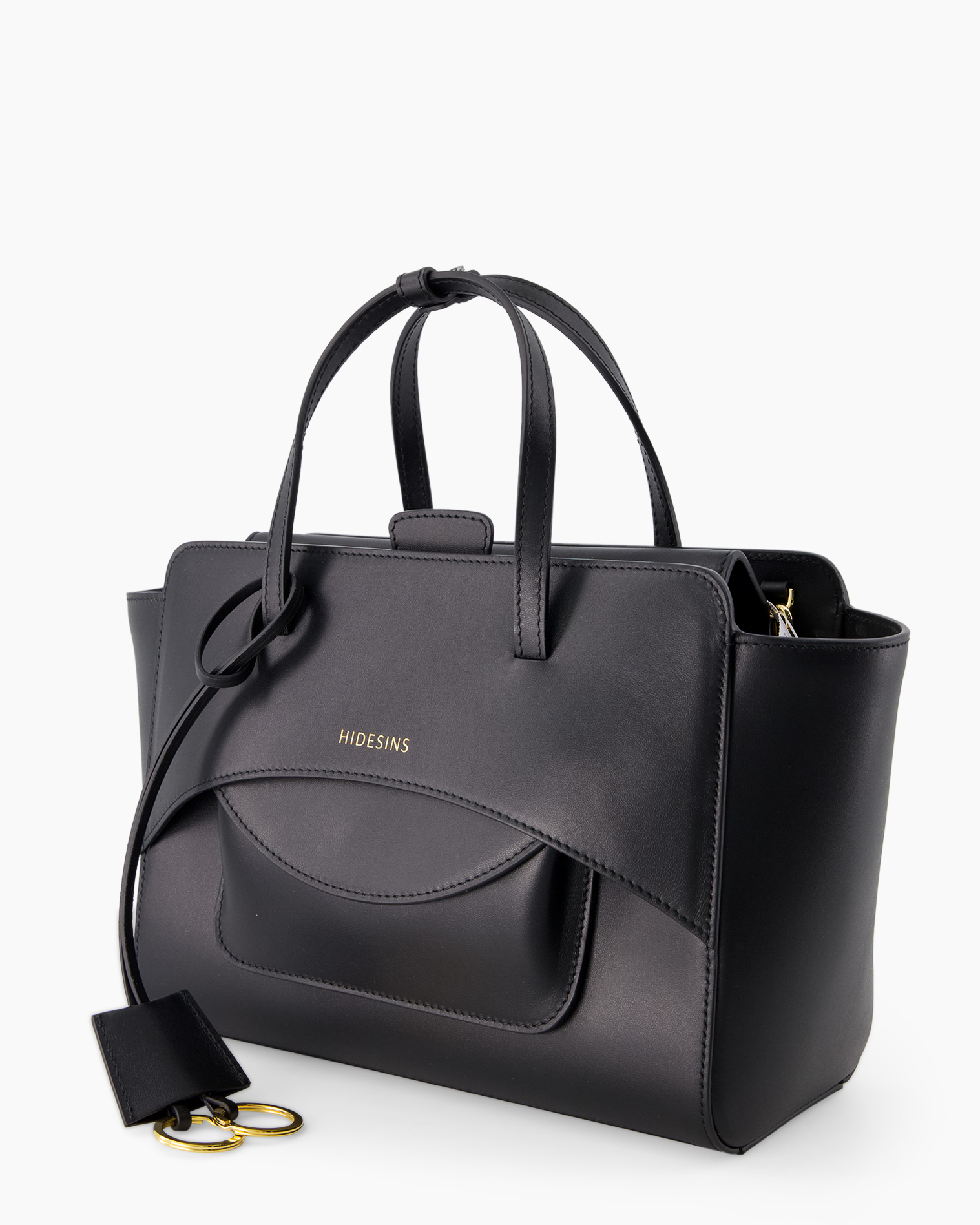 handtas, tote, schouderriem, zwart leer, gouden logo
