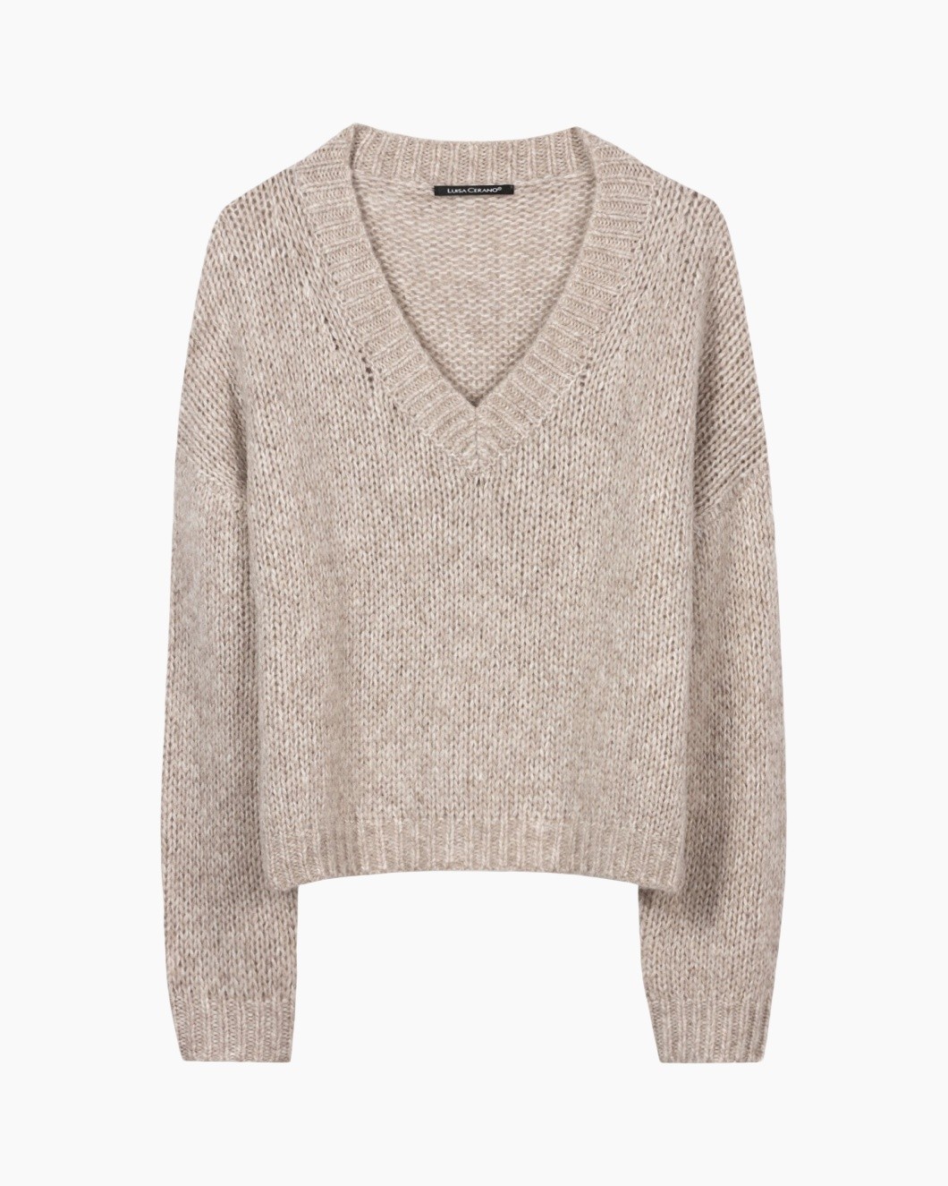 trui, v-hals, gebreid, beige, pullover