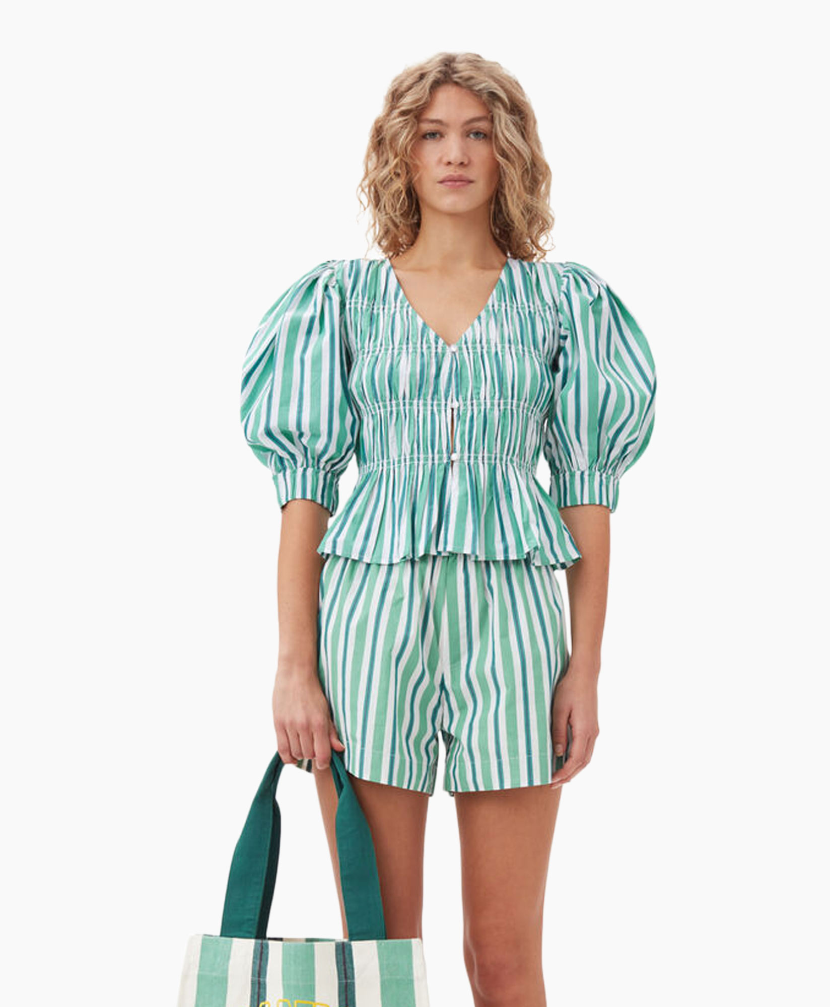 Blouse Stripe Cotton V-neck Fitted Groen