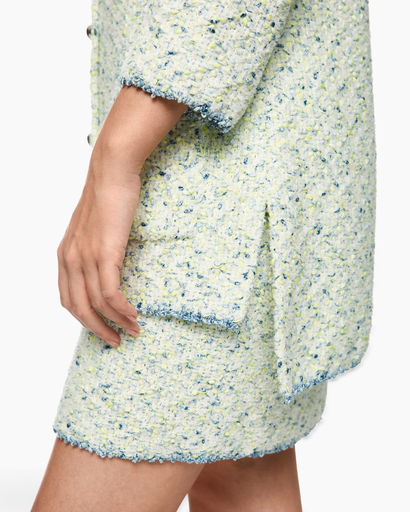tweed, textured, shorts, geel/bleu textuur, blauw accenten