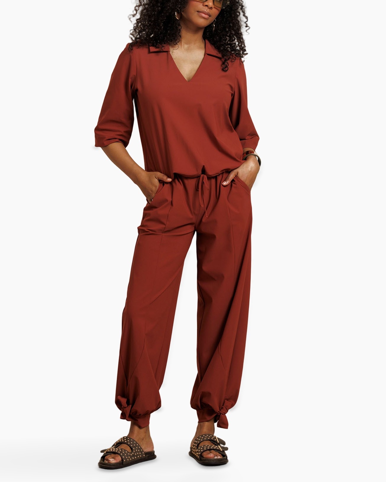 top, pantalon-jumpsuit, broek, rood-bruin, driekwartmouw