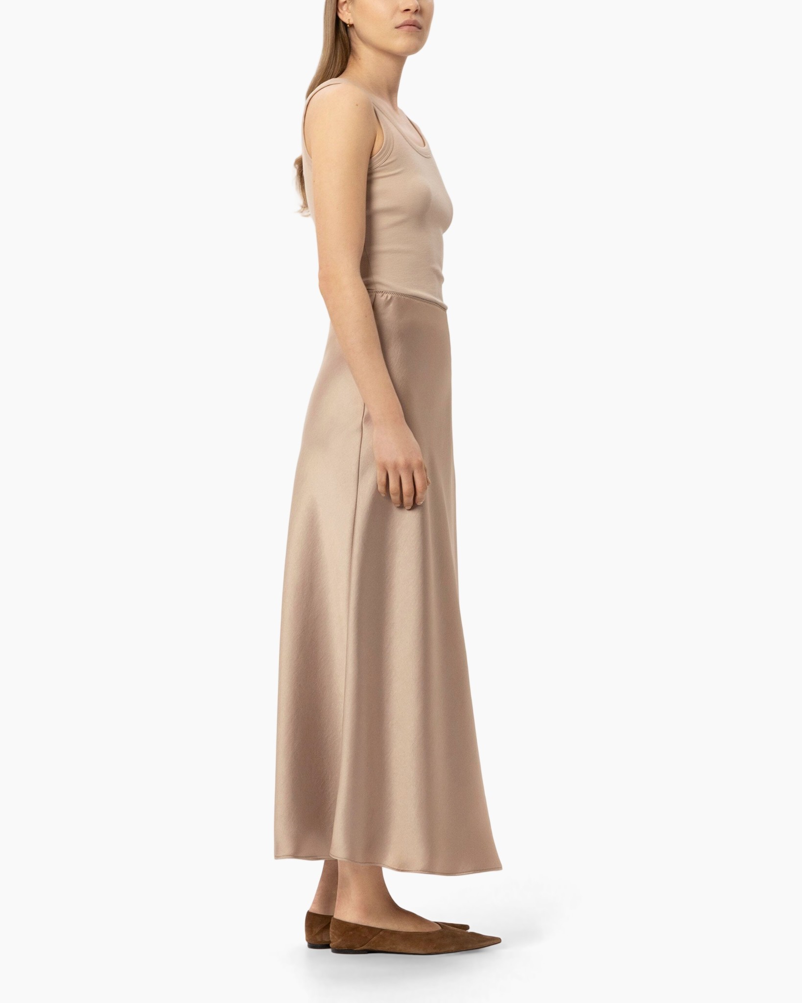 maxi rok, beige, effen, enkellengte, slip-on slofjes
