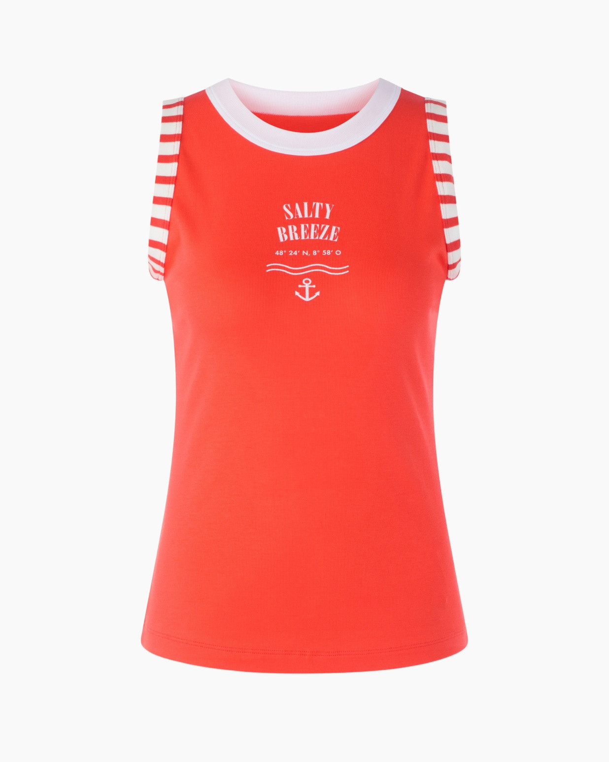 tank top, red, striped sleeves, graphic text, anchor motif