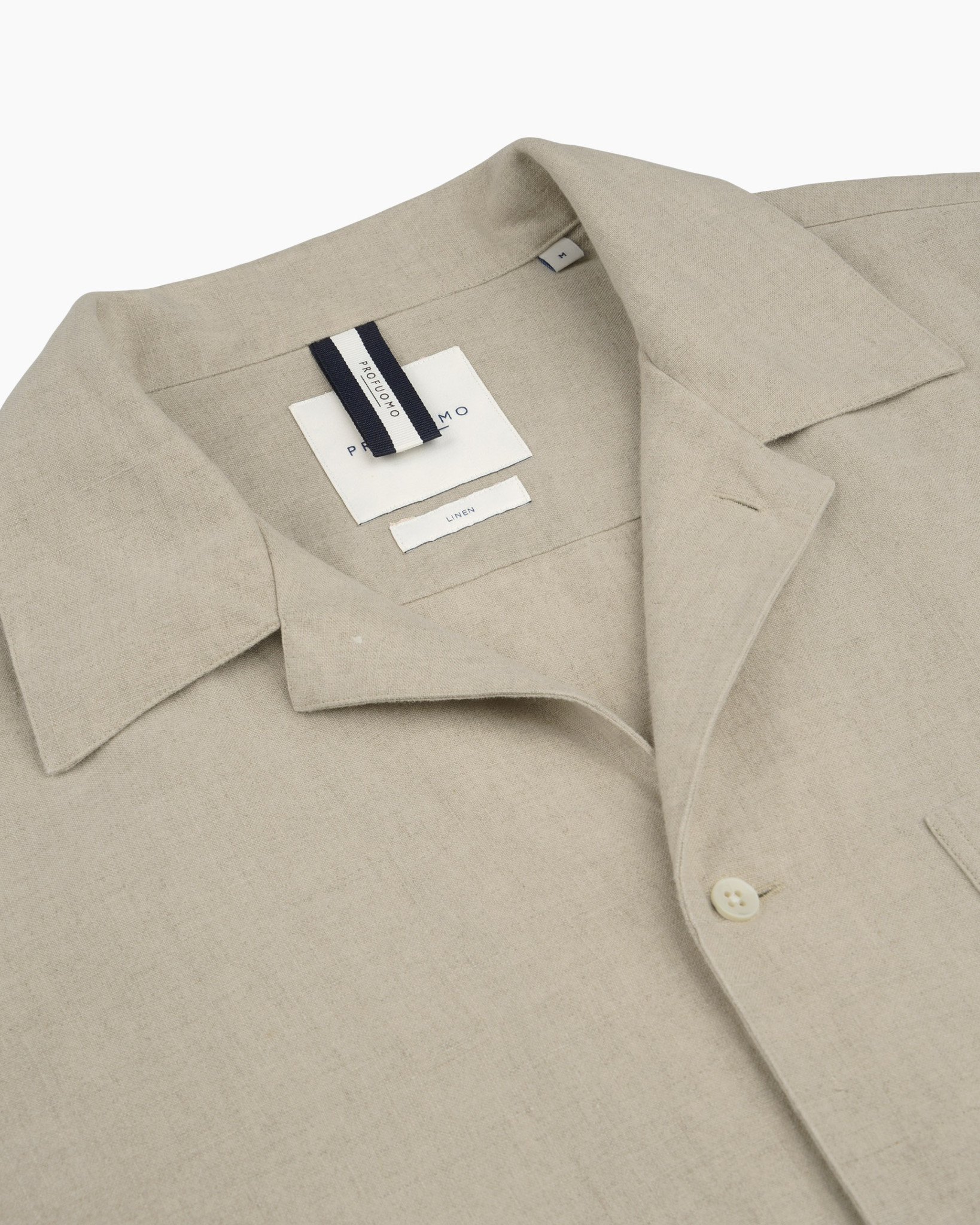 short-sleeve, button-down, beige, linen-like, pocket